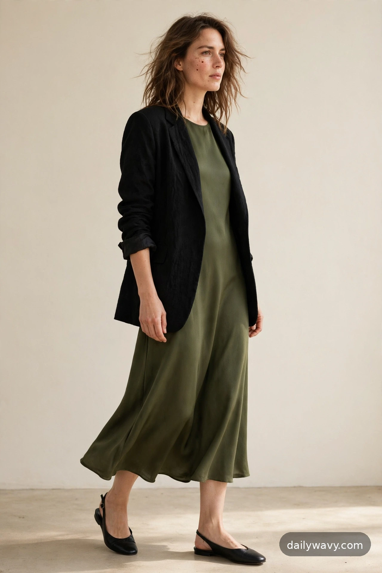 Adult model wearing a black blazer with a midi dress and slingbacks