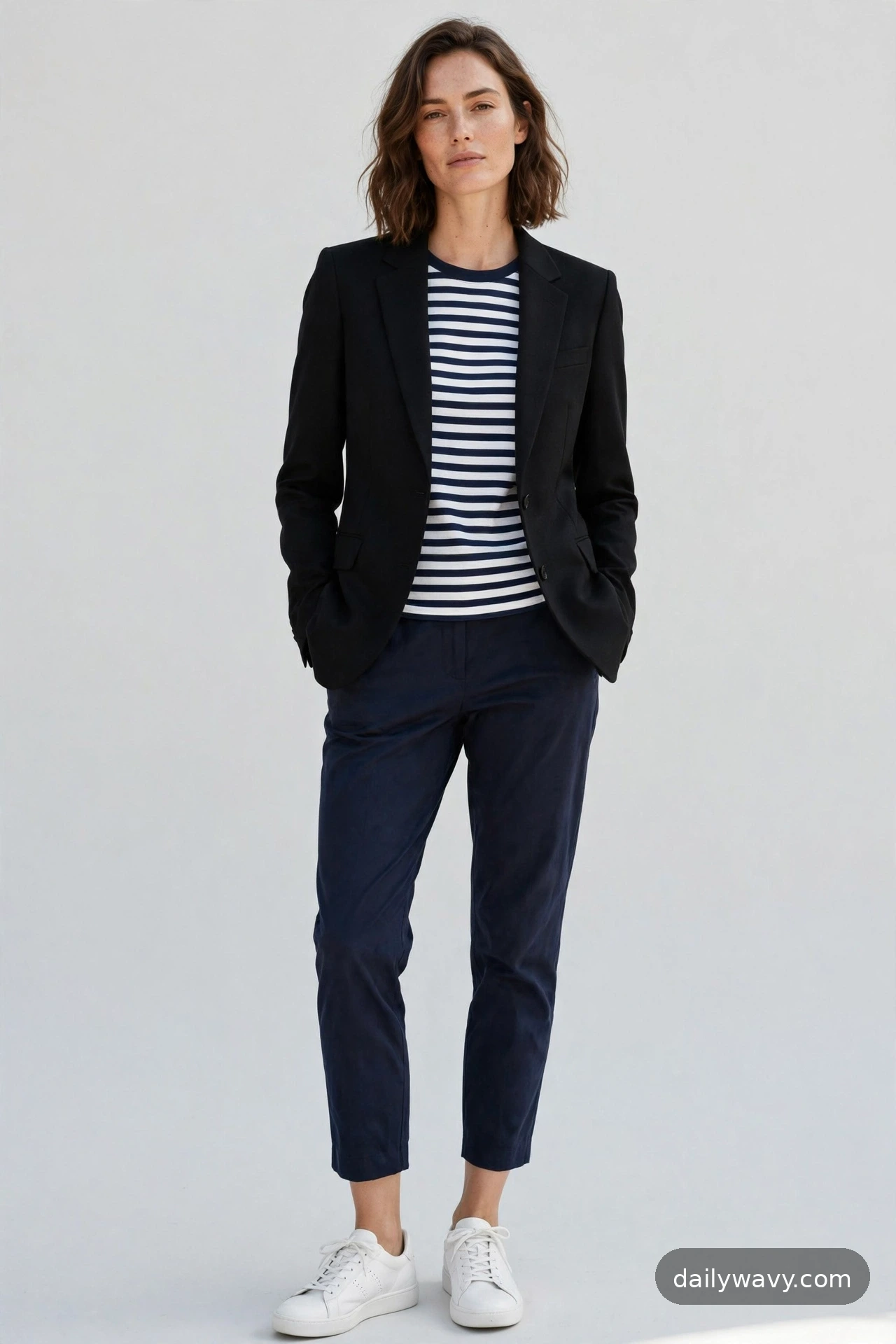 Adult model wearing a black blazer with a striped tee, cropped trousers and sneakers