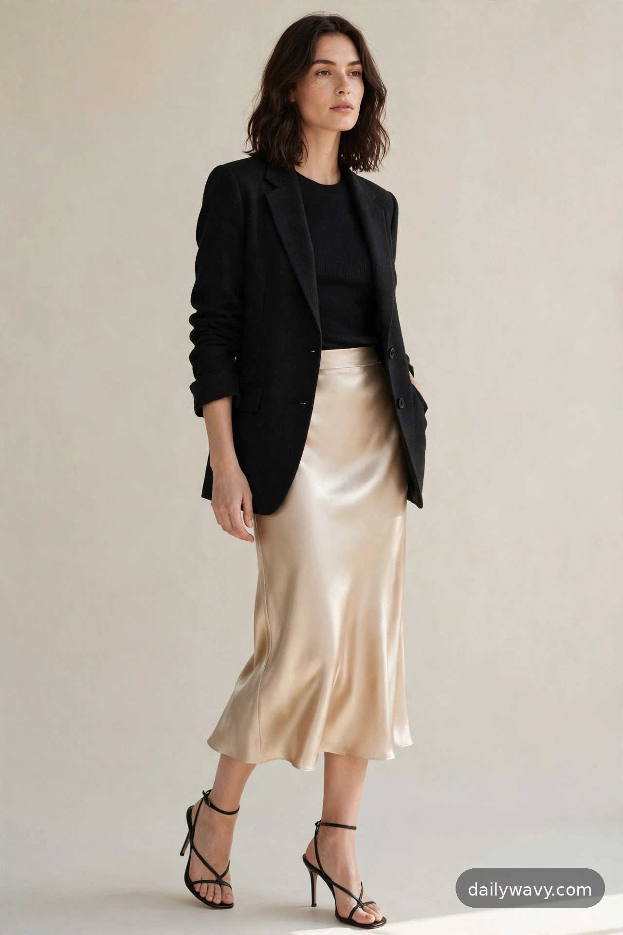 Adult model wearing a black blazer with a fitted knit, satin skirt and heels