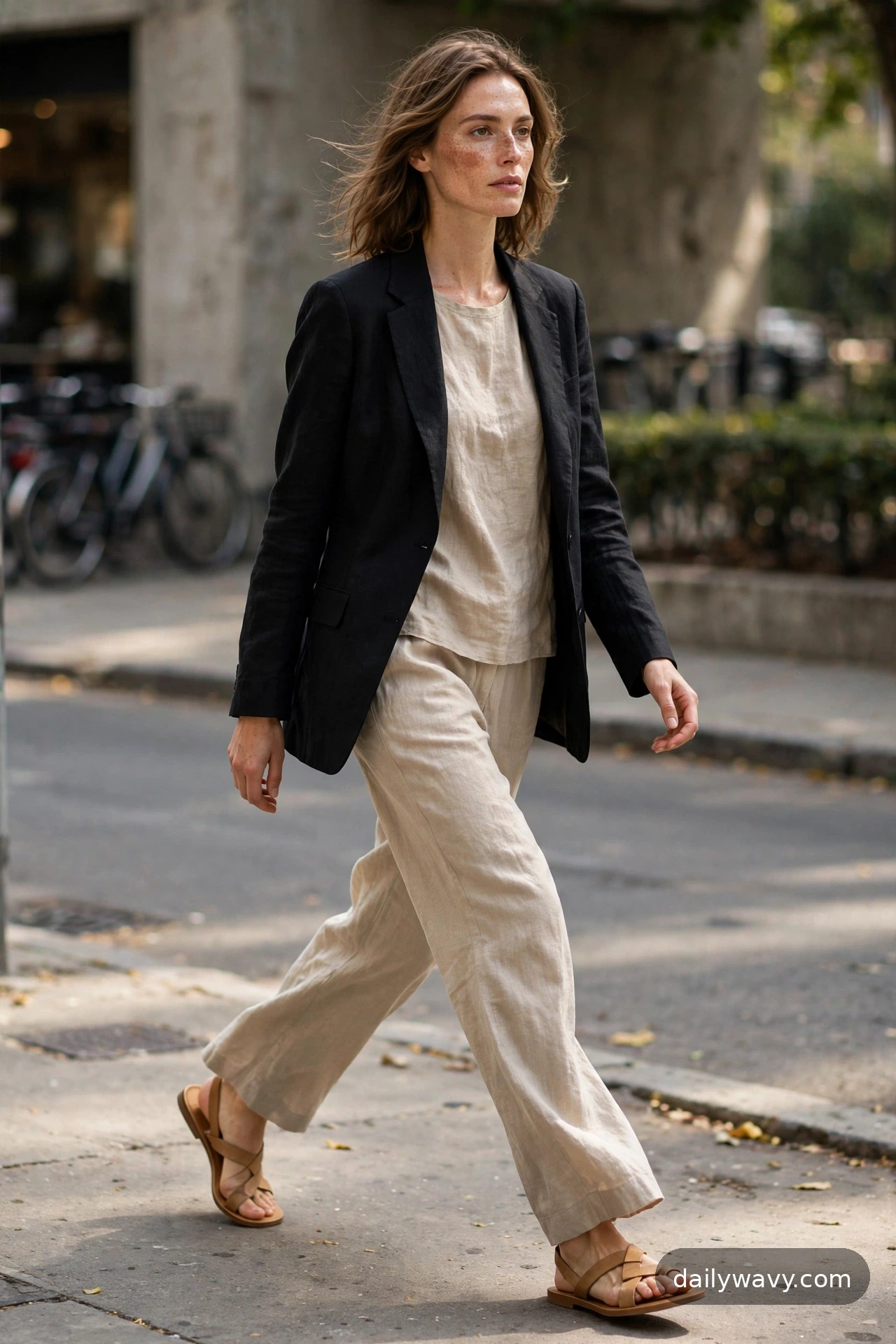 Adult model wearing a black blazer with a linen top, matching trousers and sandals