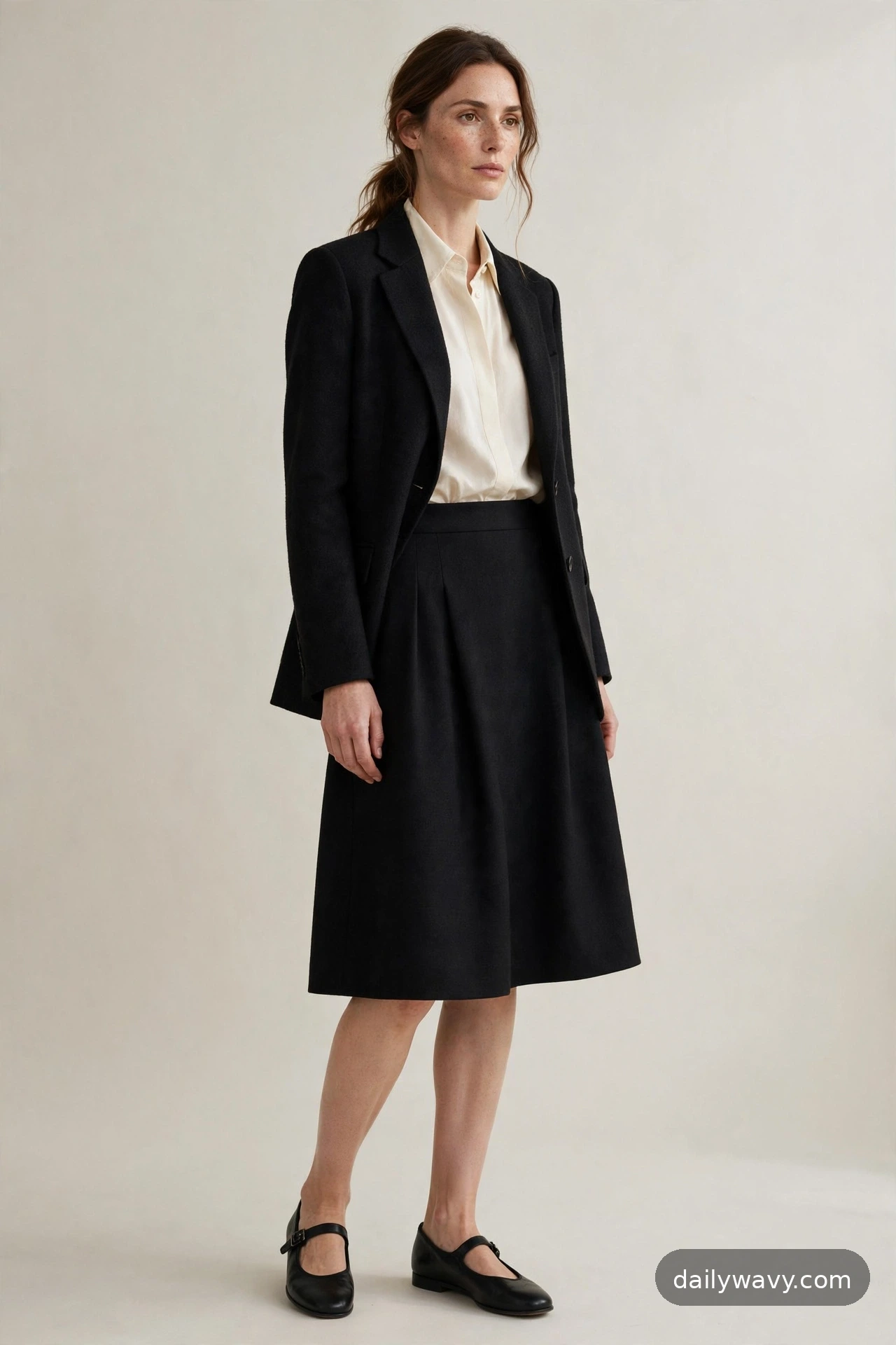 Adult model wearing a black blazer with a plain blouse, A-line skirt and Mary Janes