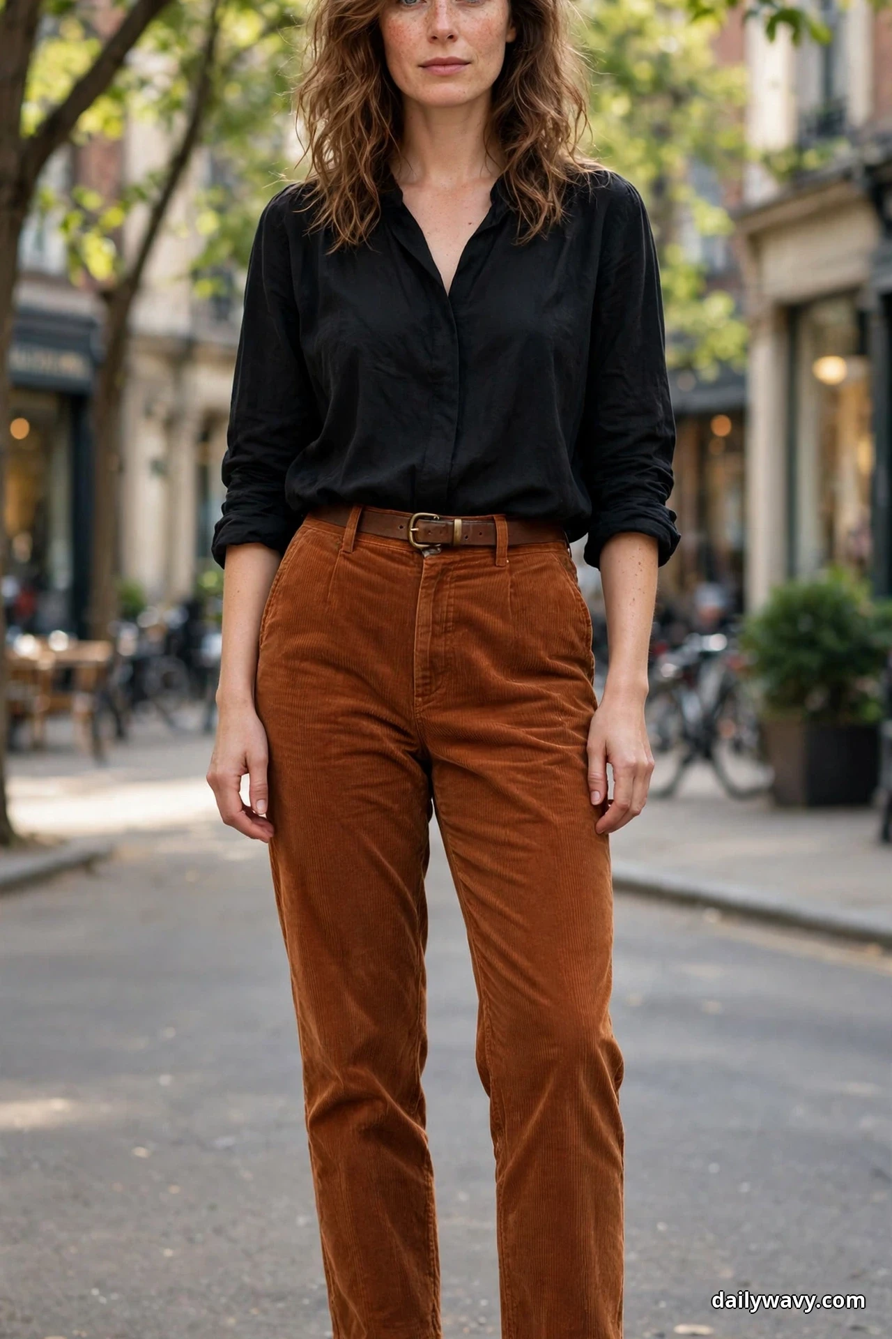 A woman wearing a black blouse with rolled sleeves tucked into rust corduroy trousers with a brown leather belt stands on a tree-lined city street, framed from the chin to the ankles