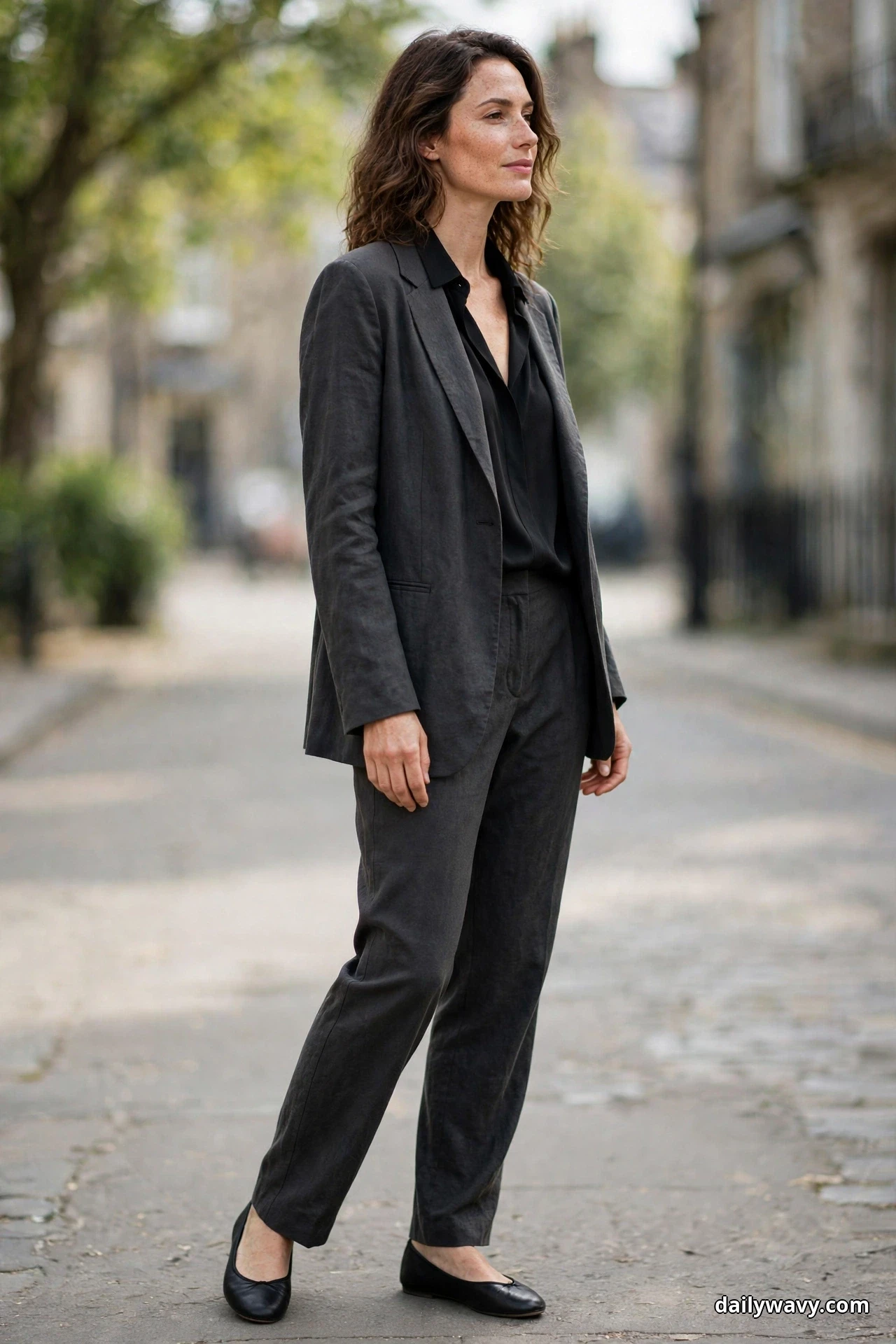 A woman wearing a black blouse under a relaxed charcoal suit with plain black ballet flats stands on a quiet street, shown full length