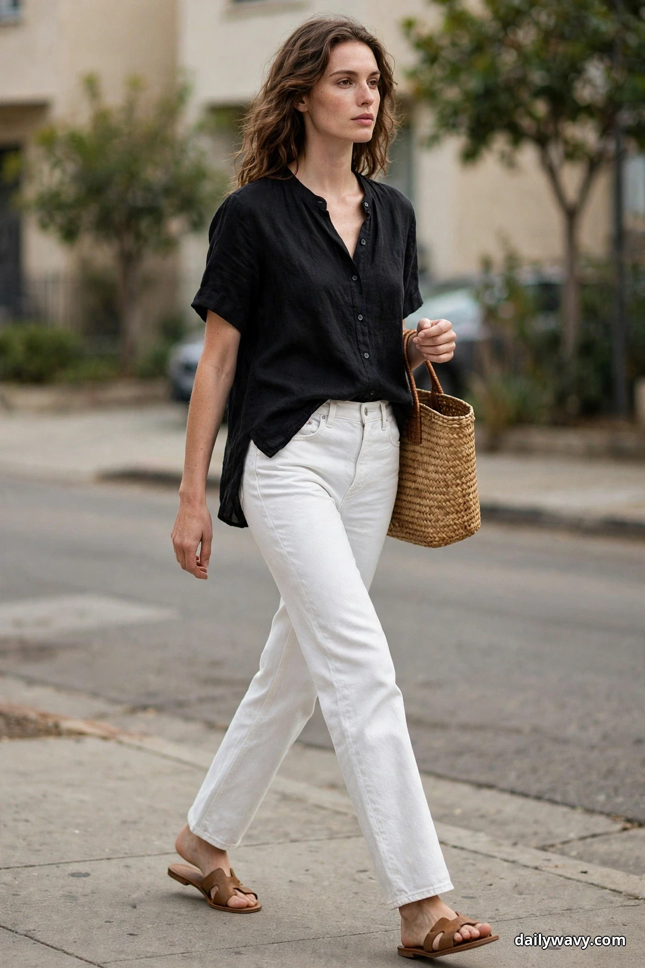 A woman walks along a city sidewalk wearing a short-sleeve black button-front blouse half-tucked into white jeans, carrying a woven straw tote and wearing brown flat sandals