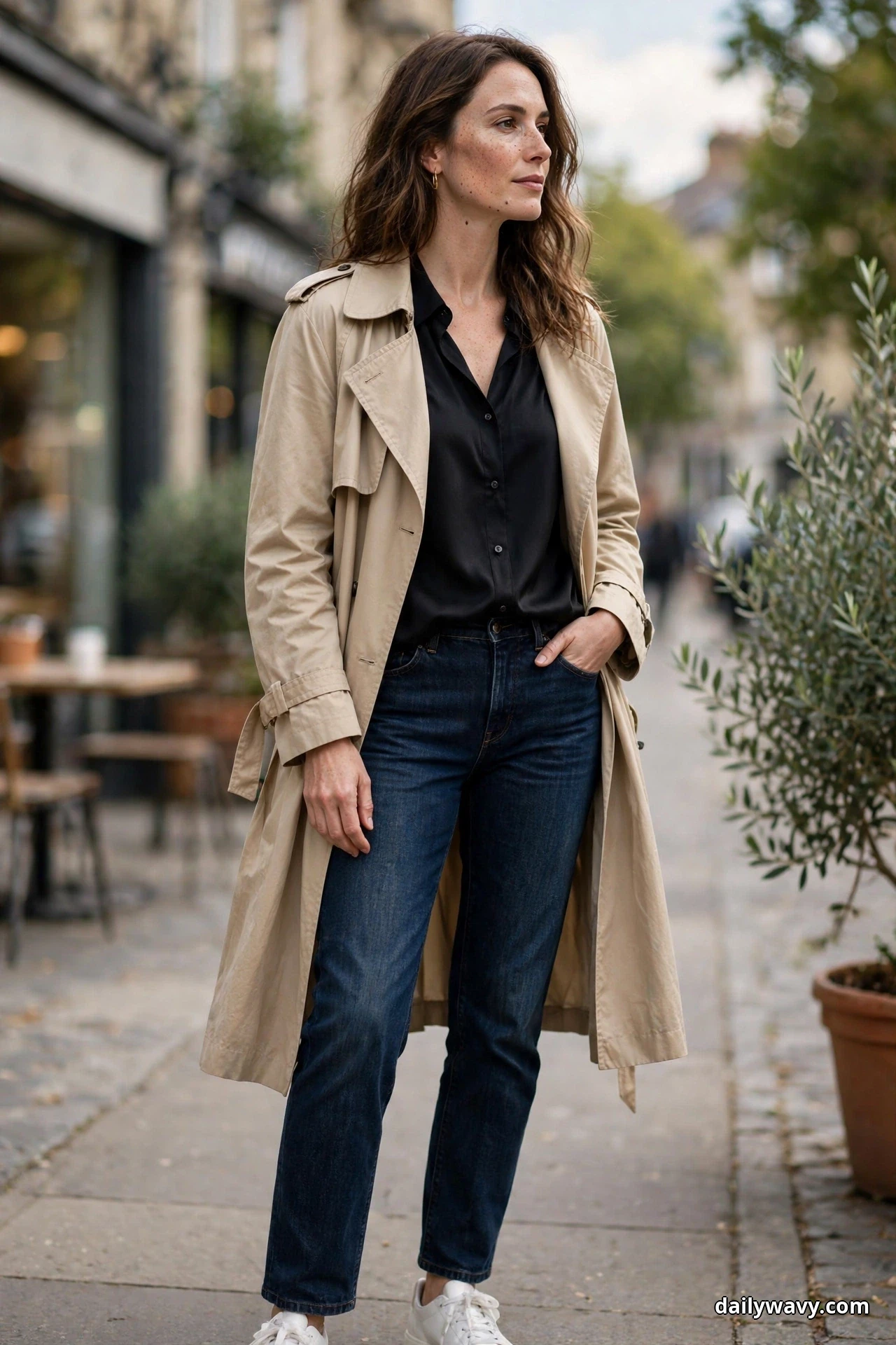 A woman wearing a black blouse with dark indigo jeans under an open beige trench coat stands on a city sidewalk with white sneakers, shown full length