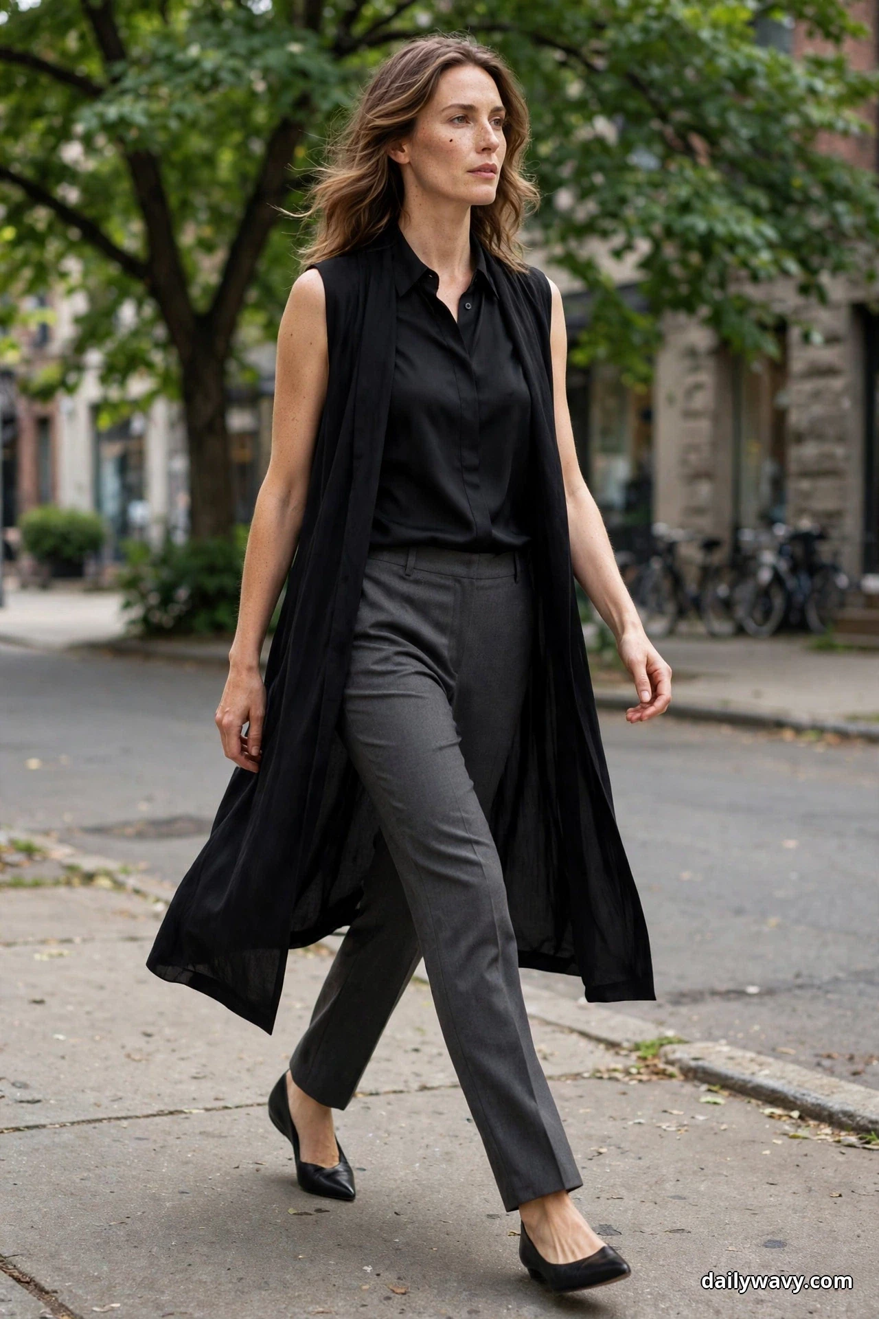 A woman walks along a city sidewalk wearing a sleeveless black blouse under a long black open vest with charcoal tailored trousers and black pointed flats