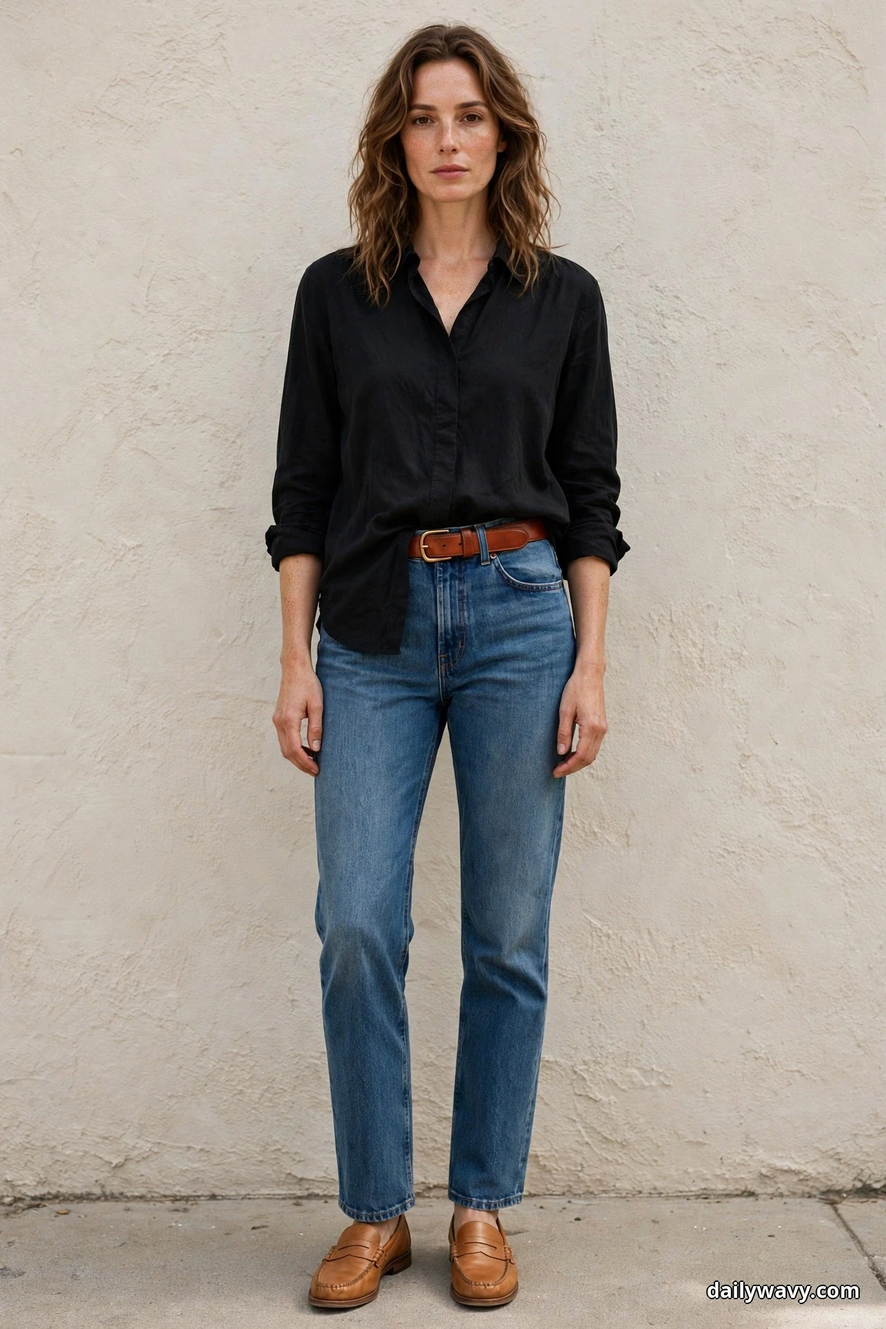 A woman wearing a black blouse half-tucked into straight-leg jeans with a cognac leather belt and tan loafers stands against a plain textured wall, shown full length