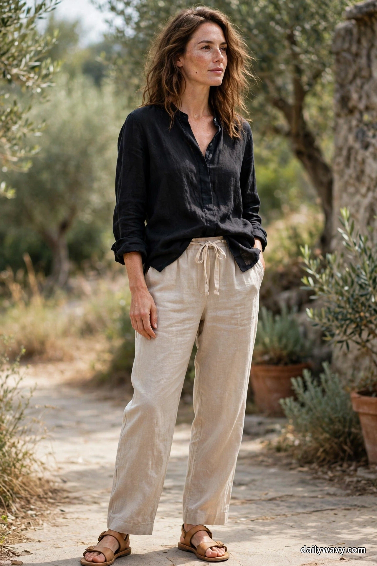 A woman wearing a relaxed black linen blouse half-tucked into natural drawstring linen trousers stands on a garden path with tan flat leather sandals, shown full length