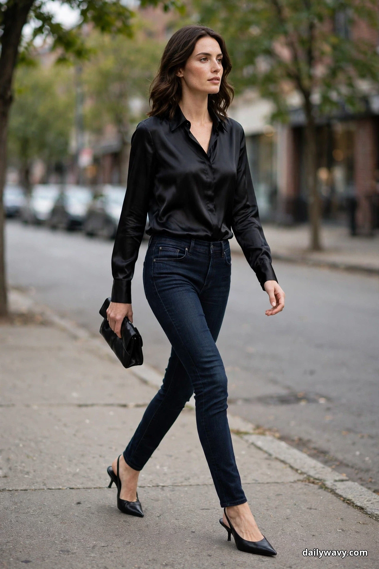 A woman walks along a city sidewalk wearing a black satin blouse tucked into dark jeans with black pointed slingback heels, carrying a small black clutch
