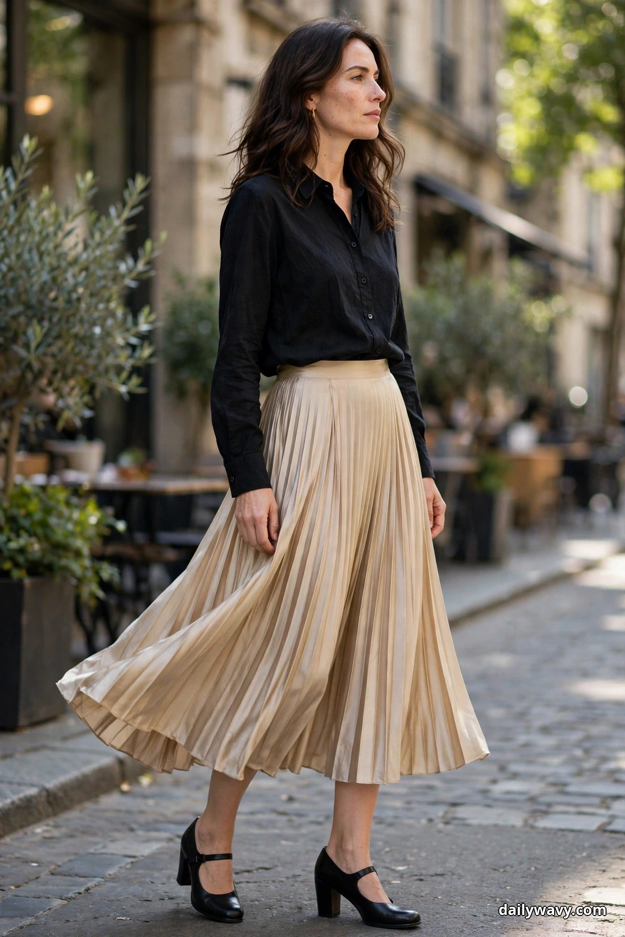 A woman wearing a black blouse tucked into a champagne pleated midi skirt walks along a cobbled street with black Mary Jane block heels, shown full length
