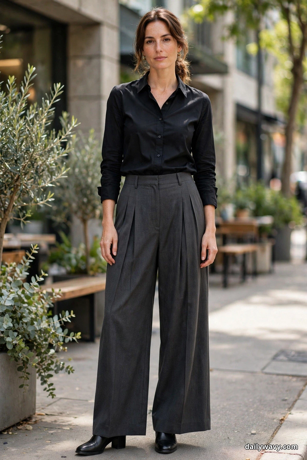 A woman wearing a fitted black blouse tucked into charcoal pleated wide-leg trousers stands on a city sidewalk with black low block-heel shoes, shown full length