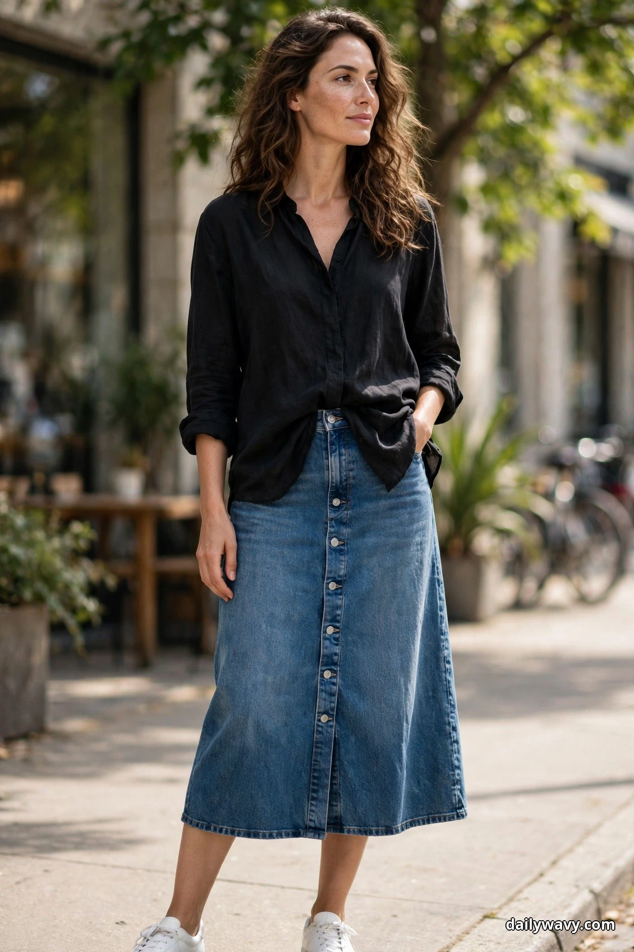 A woman wearing a relaxed black blouse half-tucked into a button-front denim midi skirt stands on a city sidewalk with clean white sneakers, shown full length