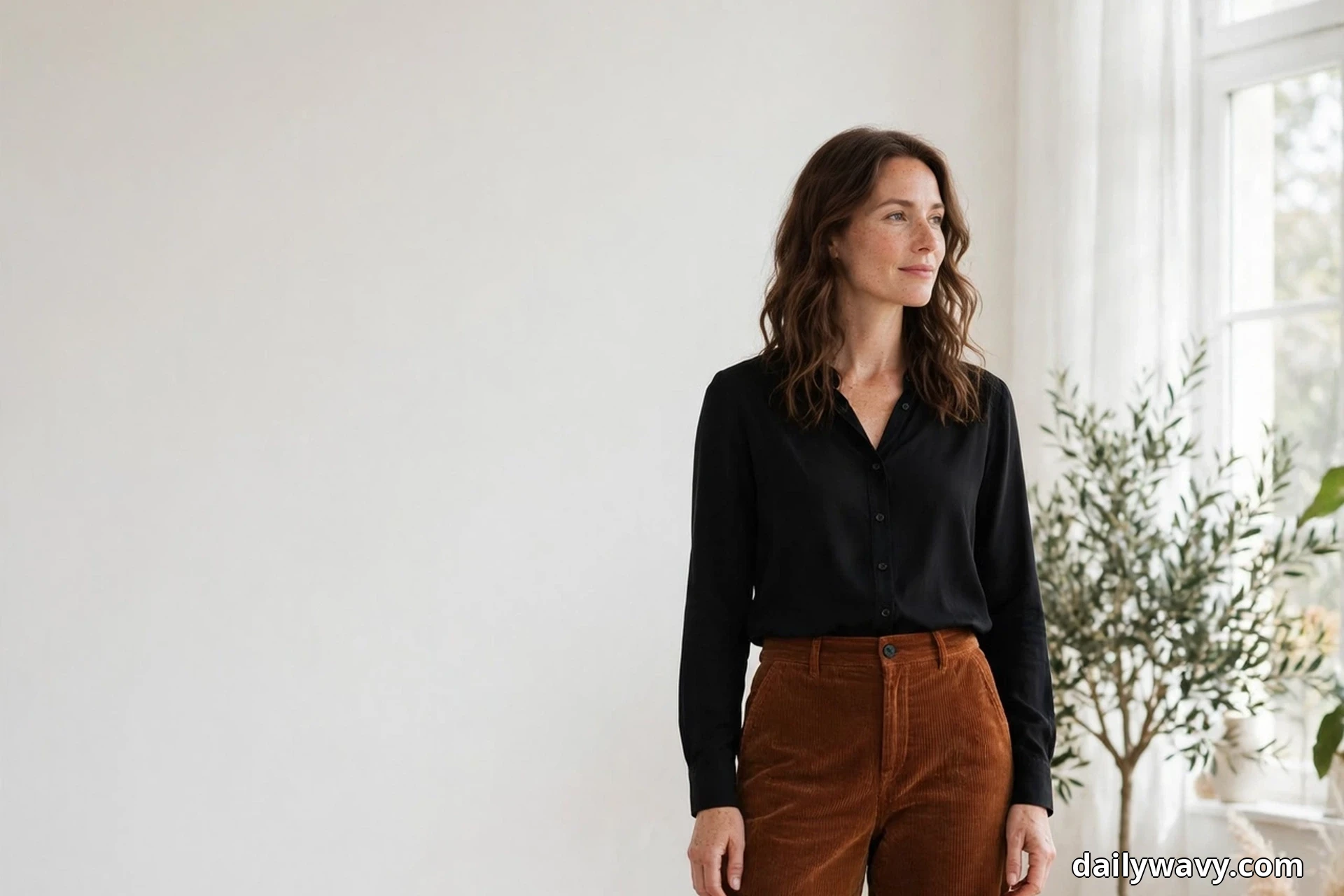A woman wearing a black button-front blouse tucked into rust corduroy trousers stands beside a bright window, framed from the head to mid-thigh