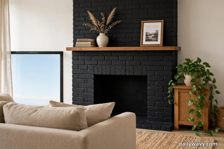 A black painted brick fireplace with a wood mantel shelf holding a stack of books, a cream vase of dried pampas and eucalyptus, and a framed landscape photograph fills the center of the frame, with a beige sofa in the foreground, a tall window at the left, and a trailing pothos on a wood cabinet at the right