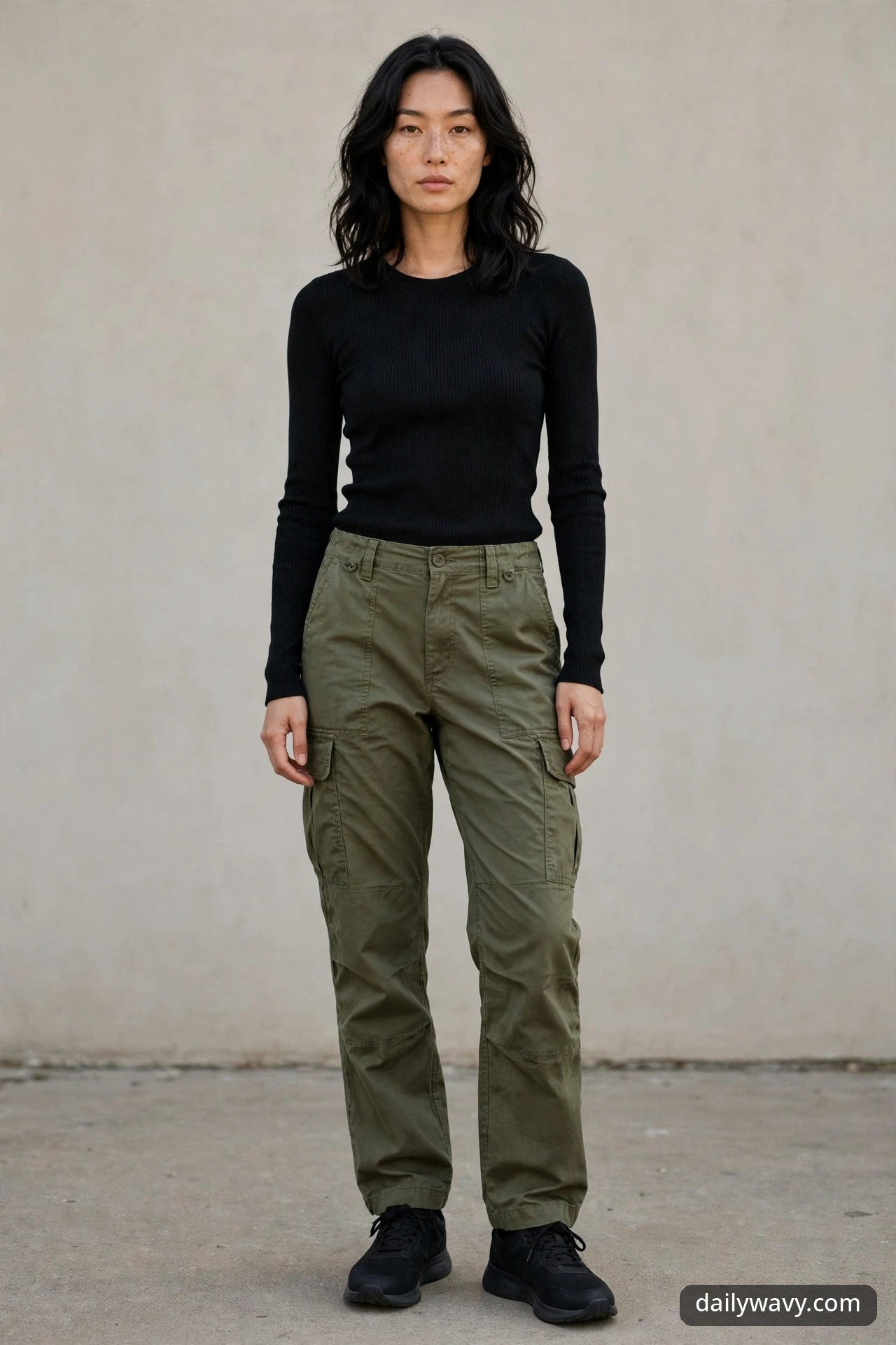 A woman standing against a light wall in a black long-sleeve ribbed knit top, olive cargo pants and black sneakers with dark soles.