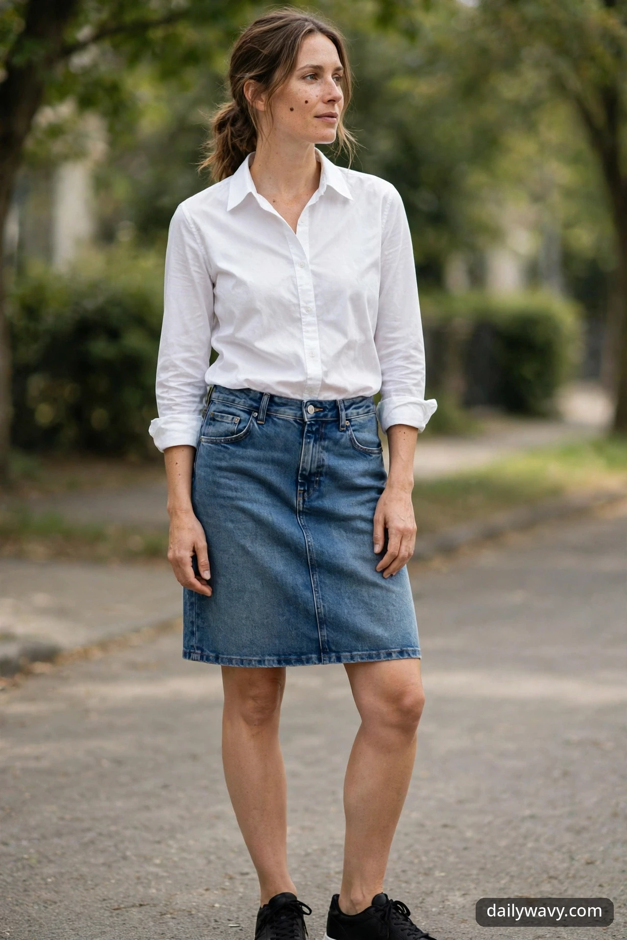 A woman standing on a park path in a white button-down shirt, a medium-wash denim midi skirt and black sneakers.
