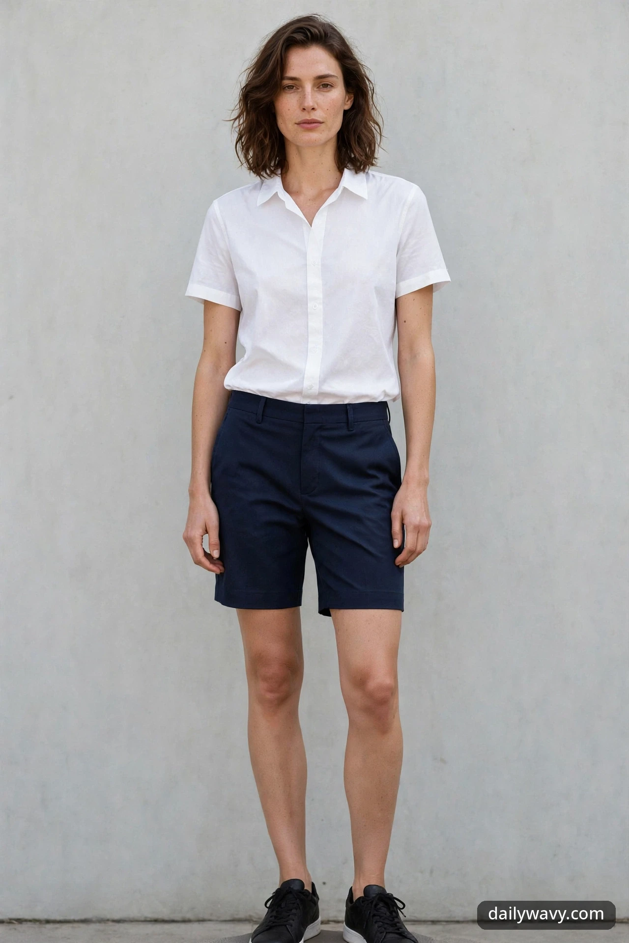 A woman standing against a light wall in a white short-sleeve button shirt, navy tailored shorts and black sneakers.