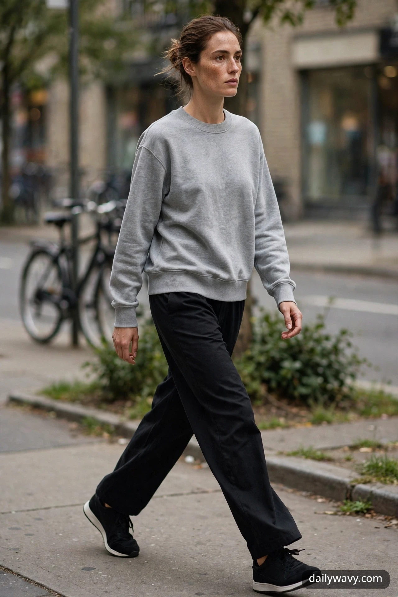 A woman walking on a city sidewalk in a gray crewneck sweatshirt, black jogger trousers and black sneakers with white soles.