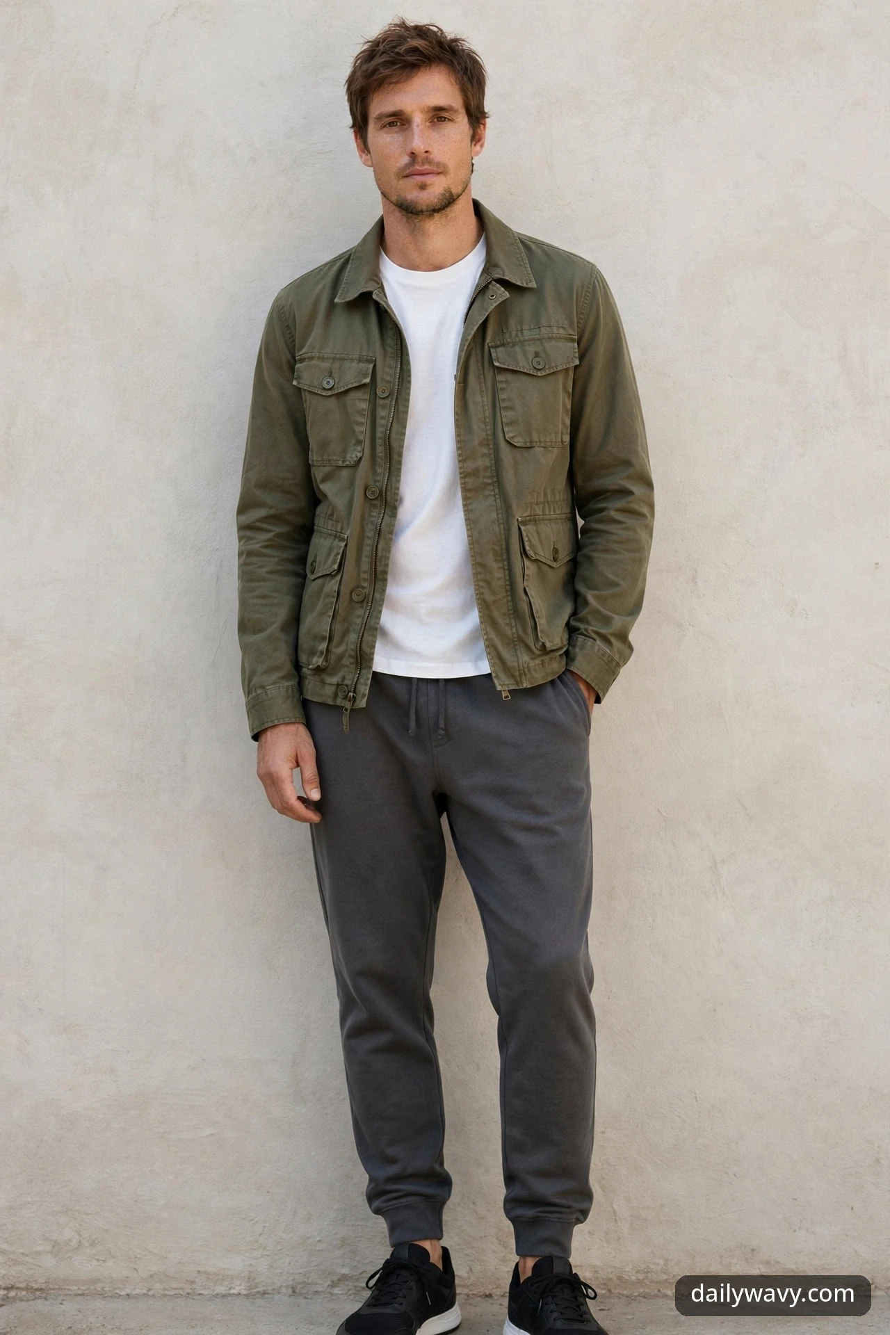 A man standing against a light wall in an olive field jacket over a white tee, charcoal joggers and black sneakers with white soles.