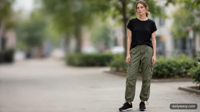 A woman standing on a city sidewalk wearing a black short-sleeve knit top, olive cargo pants and black sneakers with white soles.