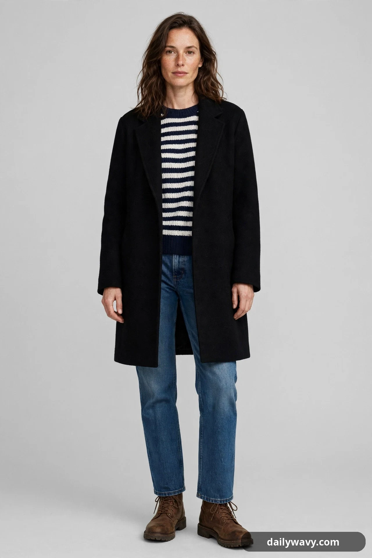 A closer studio view shows a woman wearing a knee-length open black wool coat over a navy-and-white striped knit sweater, straight-leg blue jeans and brown lace-up boots against a plain backdrop.