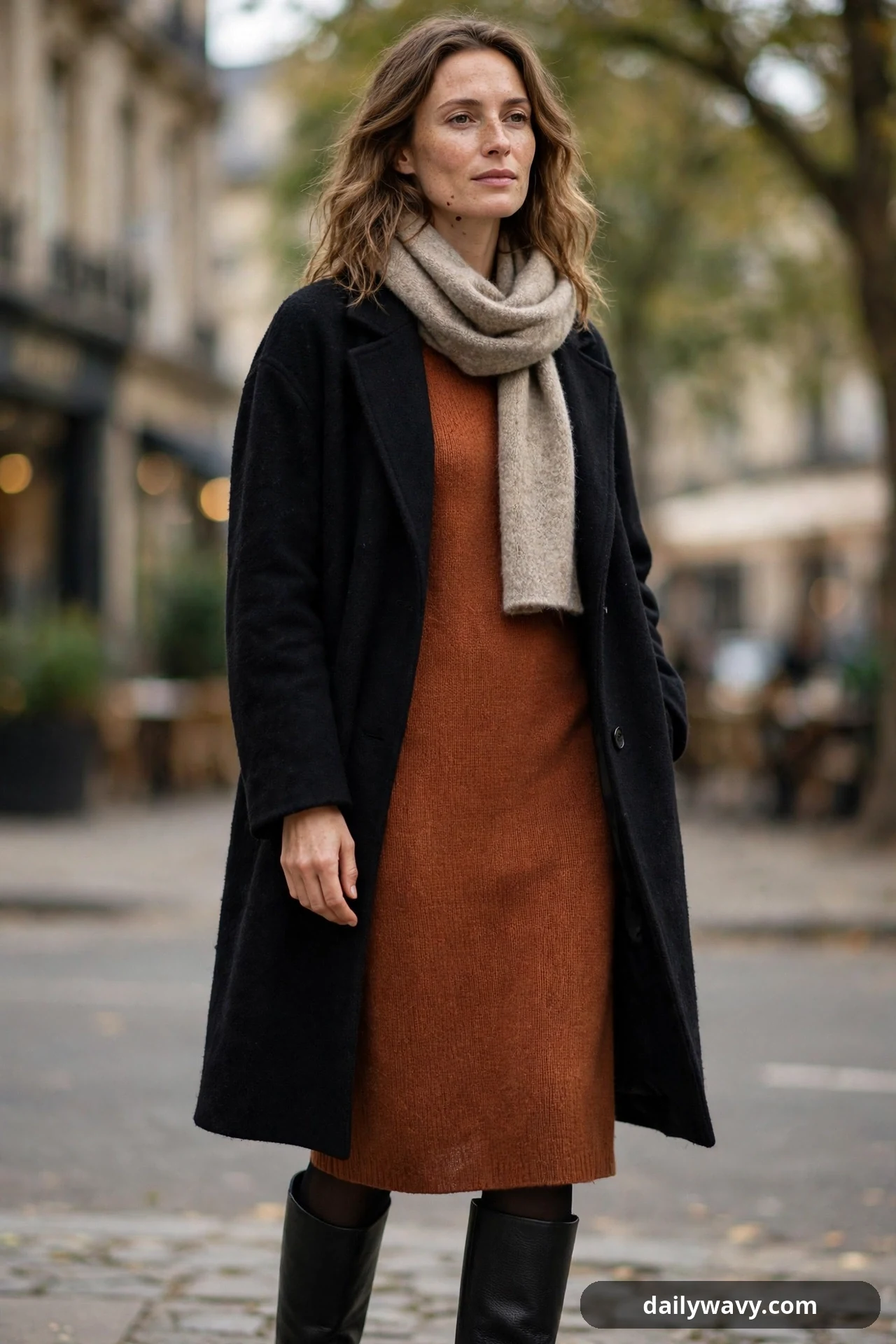 A woman stands on a city street wearing an open black wool coat over a rust knit midi dress, with a beige scarf looped at her neck, black tights and black knee-high boots.