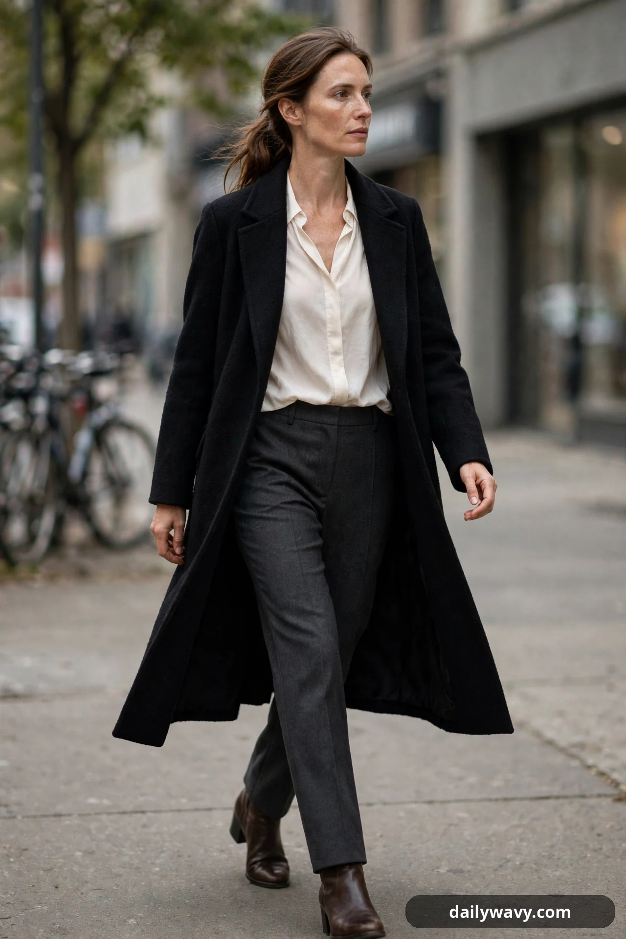 A woman walks along a city sidewalk in a long open black wool coat over a tucked ivory blouse, charcoal straight-leg trousers and brown low block-heel ankle boots.