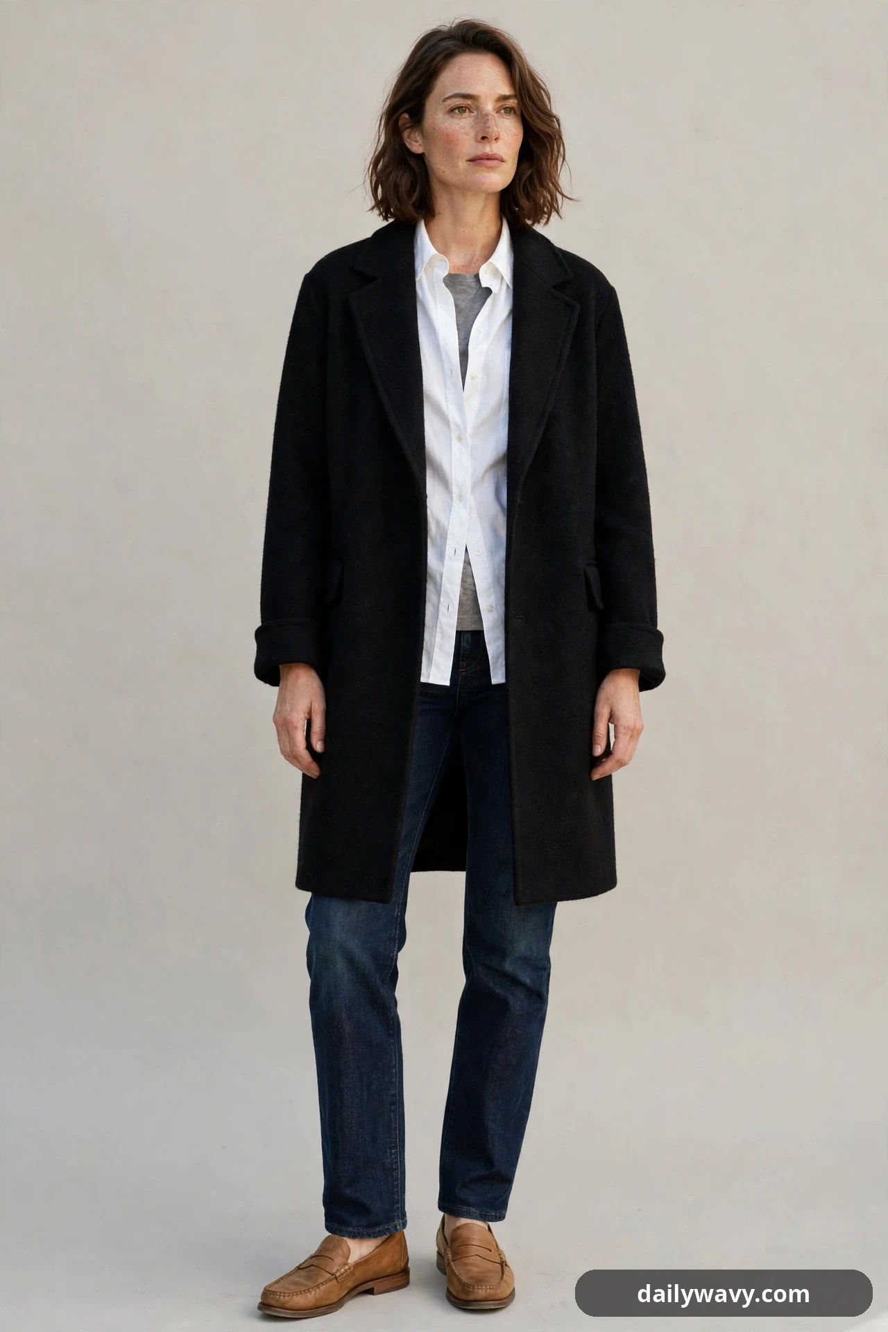 A studio view shows a woman wearing a knee-length open black wool coat over a white oxford shirt worn open on a grey tee, dark indigo jeans and tan loafers.