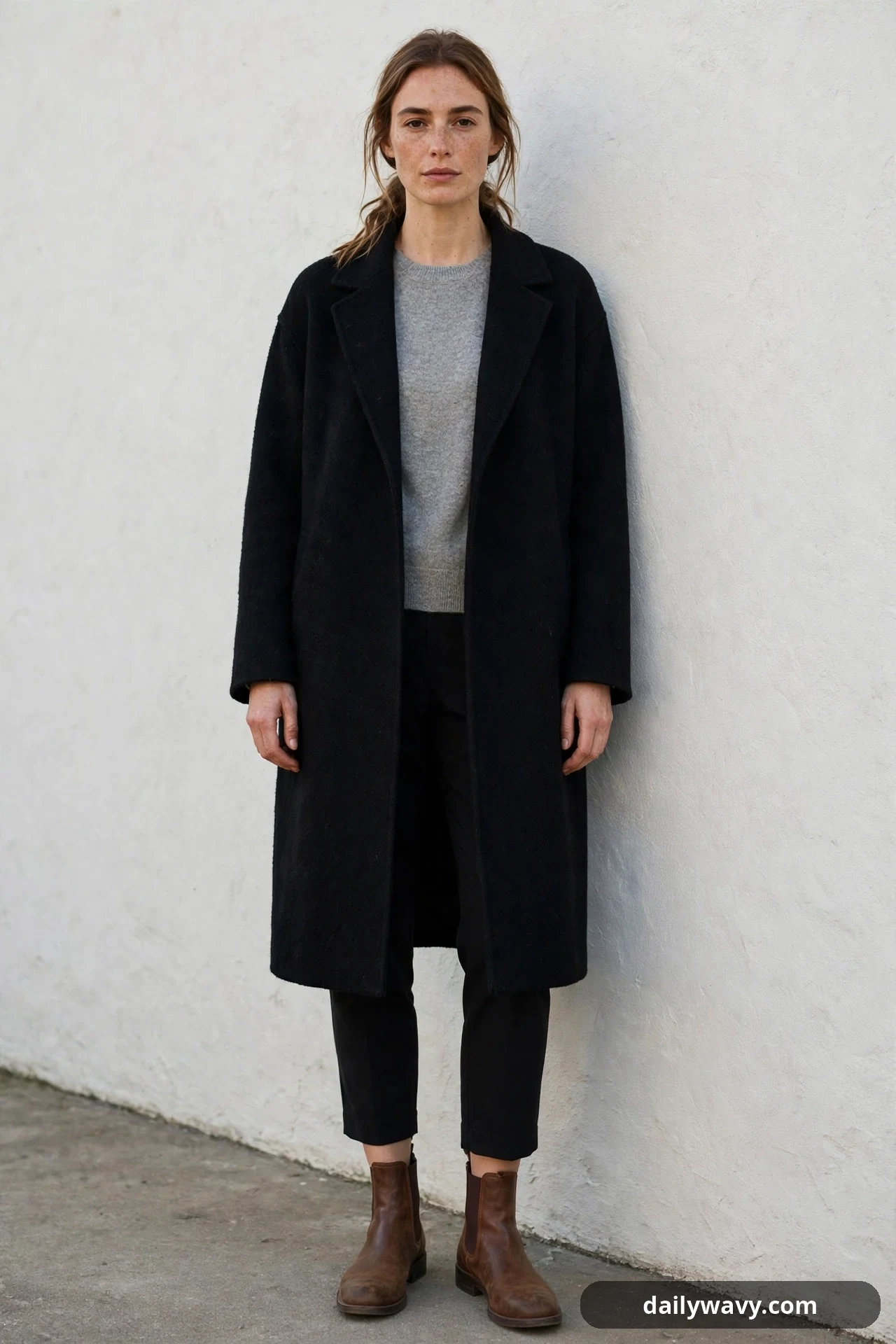 A woman stands against a white wall wearing a long open black wool coat over a heather-grey crew-neck sweater, cropped black trousers and brown Chelsea boots.