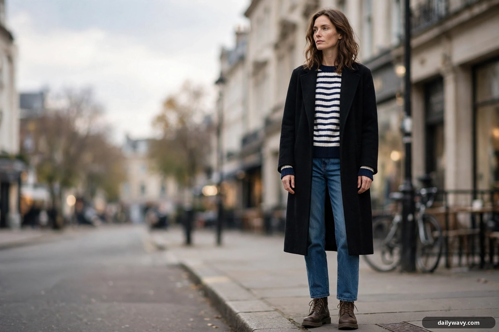 A wide view shows a woman standing on a city sidewalk in a long open black wool coat over a navy-and-white striped knit sweater, straight-leg blue jeans and brown lace-up boots.
