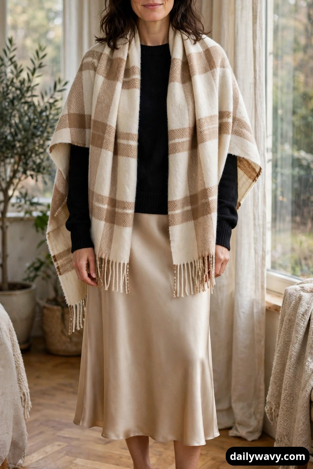 A closer view shows a black knit sweater and champagne satin midi skirt, with the cream-and-camel checked blanket scarf hanging long over the shoulders and its fringe ending at the waist.