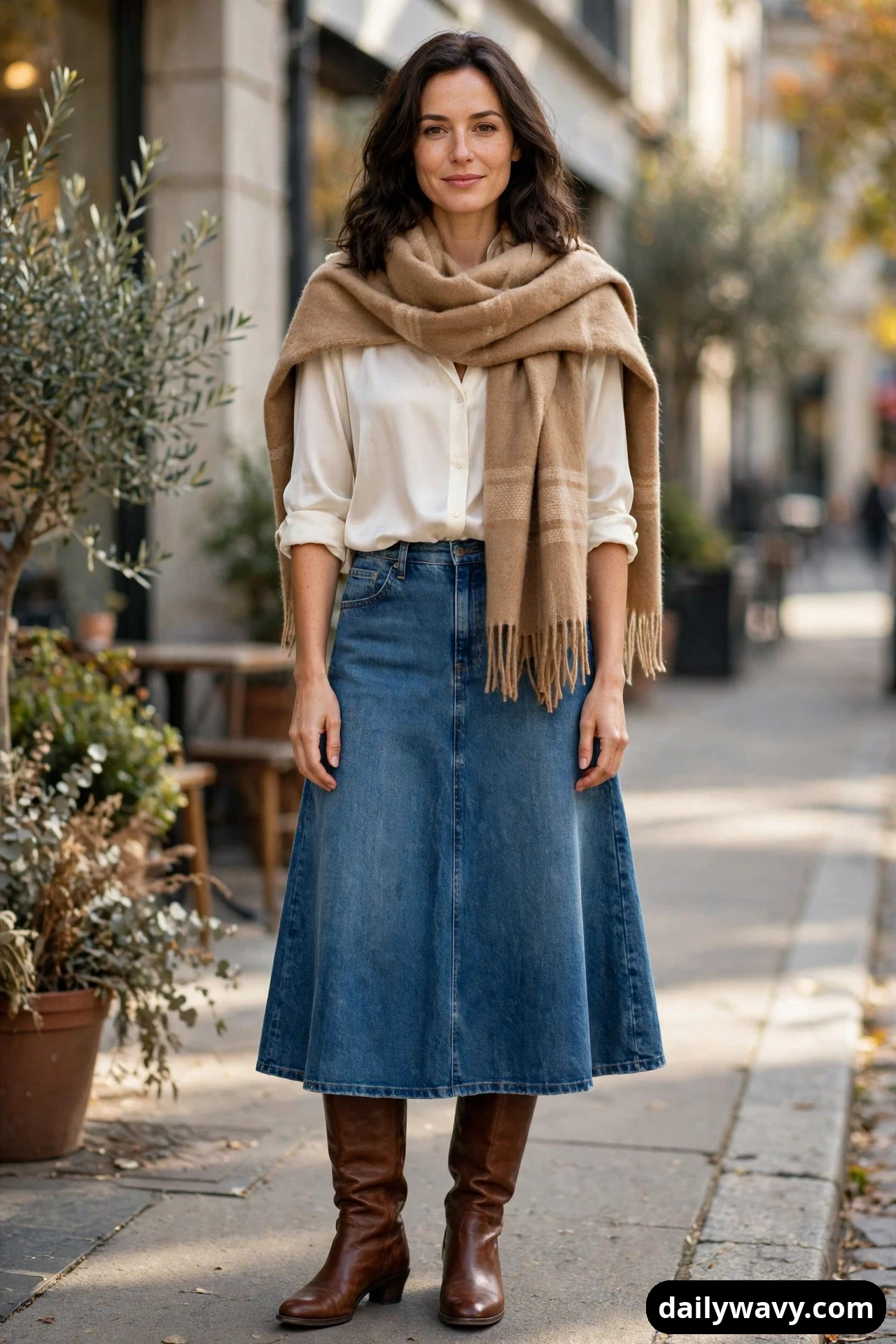 A woman wears an ivory blouse tucked into a denim A-line midi skirt with brown knee-high boots, and a camel blanket scarf wrapped around her neck and shoulders.