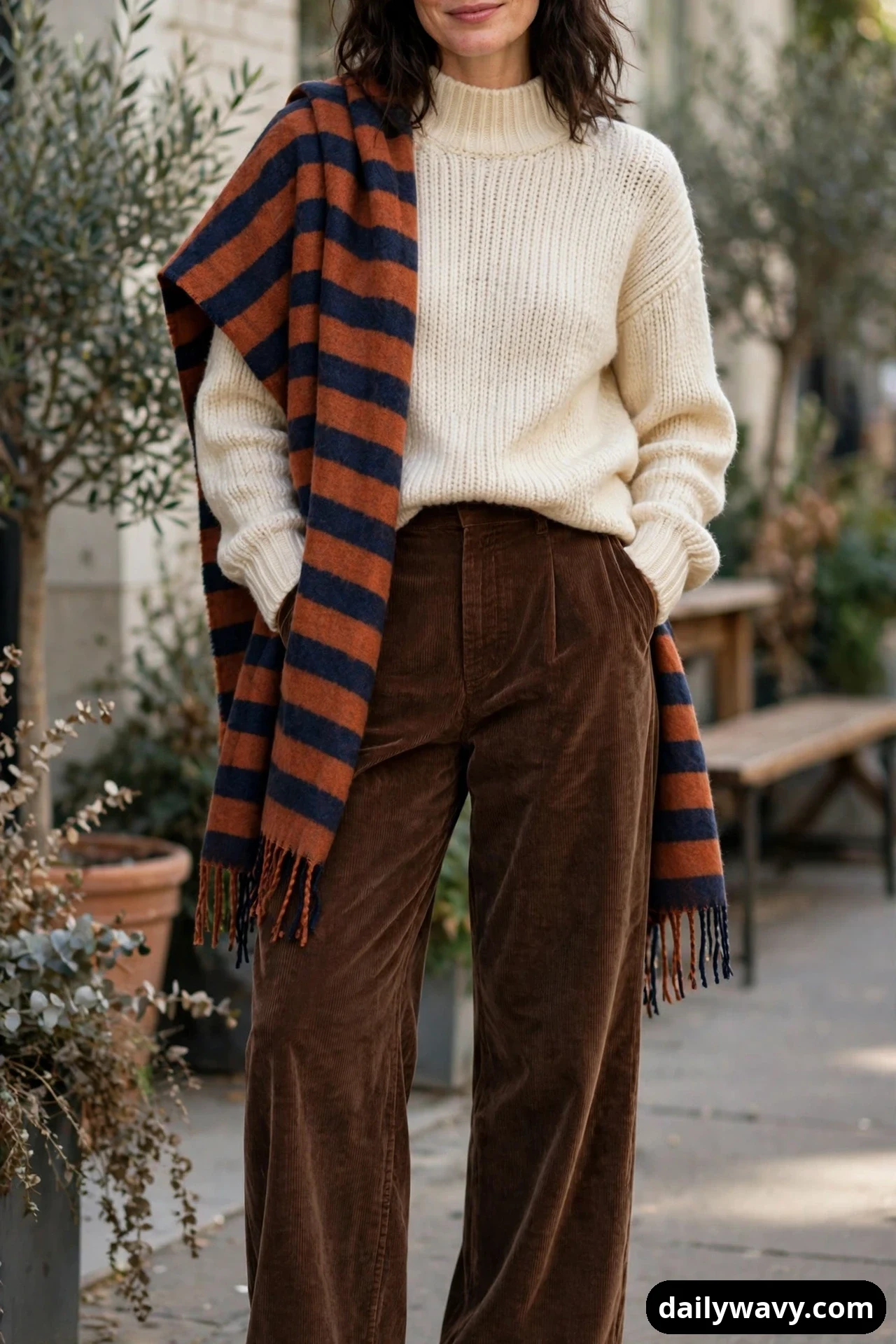 A woman wears a cream mock-neck knit sweater with chocolate-brown corduroy wide-leg trousers, and a rust-and-navy striped blanket scarf draped over one shoulder.