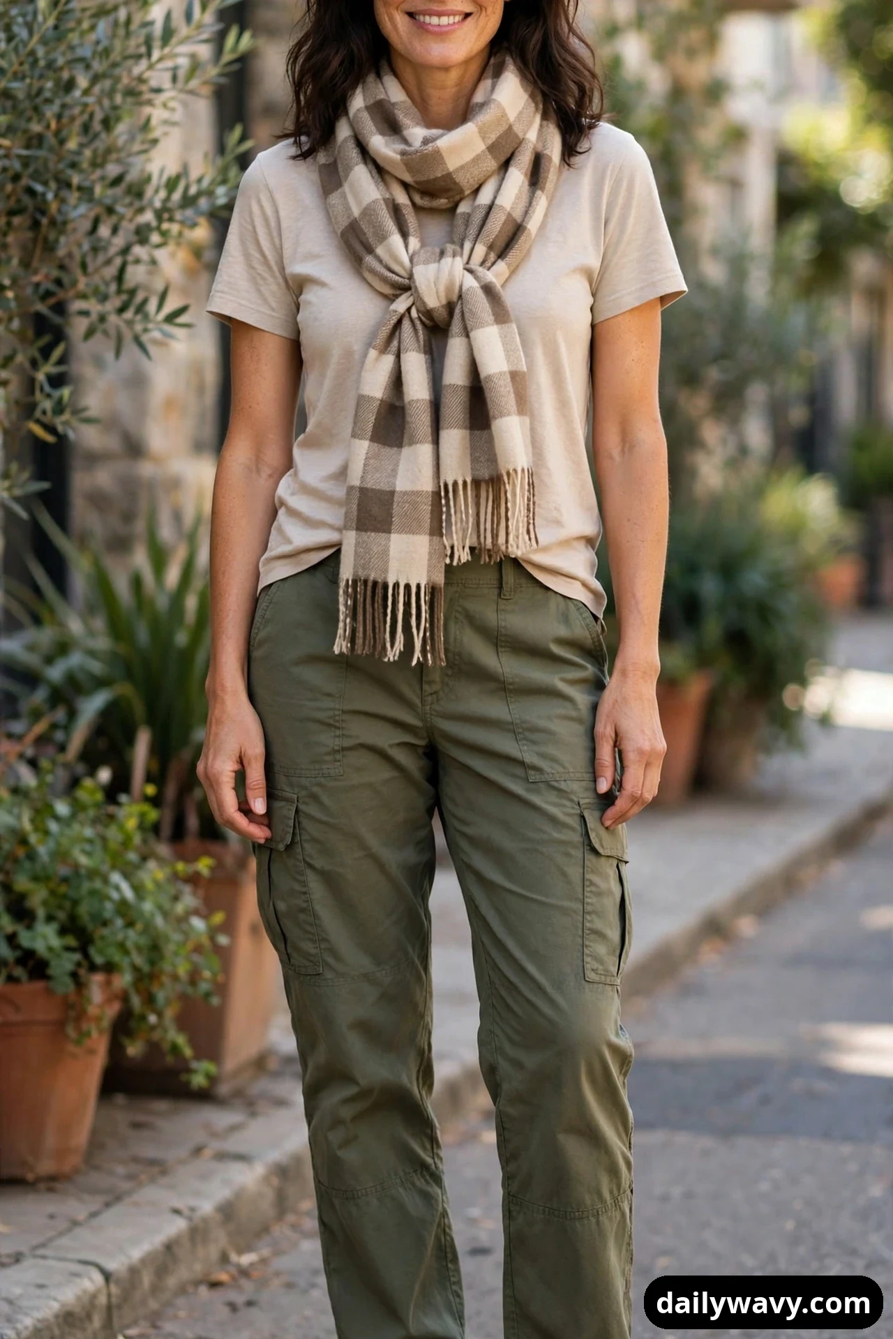 A woman wears a sand-colored tee with olive cargo trousers, and a beige-and-brown buffalo-check blanket scarf knotted loosely at her chest.