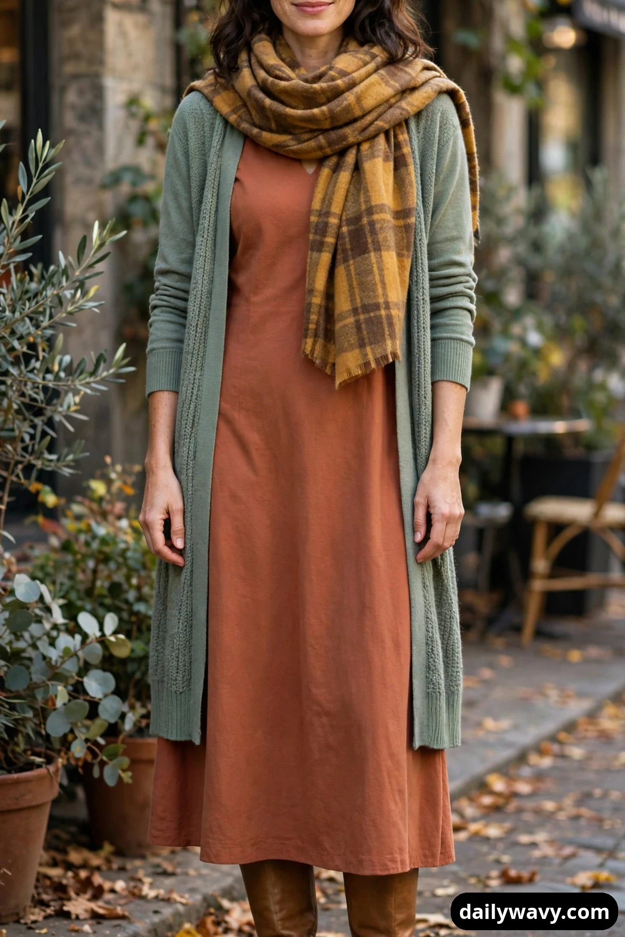 A woman wears a terracotta midi dress under a long open sage-green cardigan, with a mustard-and-brown plaid blanket scarf wrapped around her neck and tan knee-high boots below the hem.
