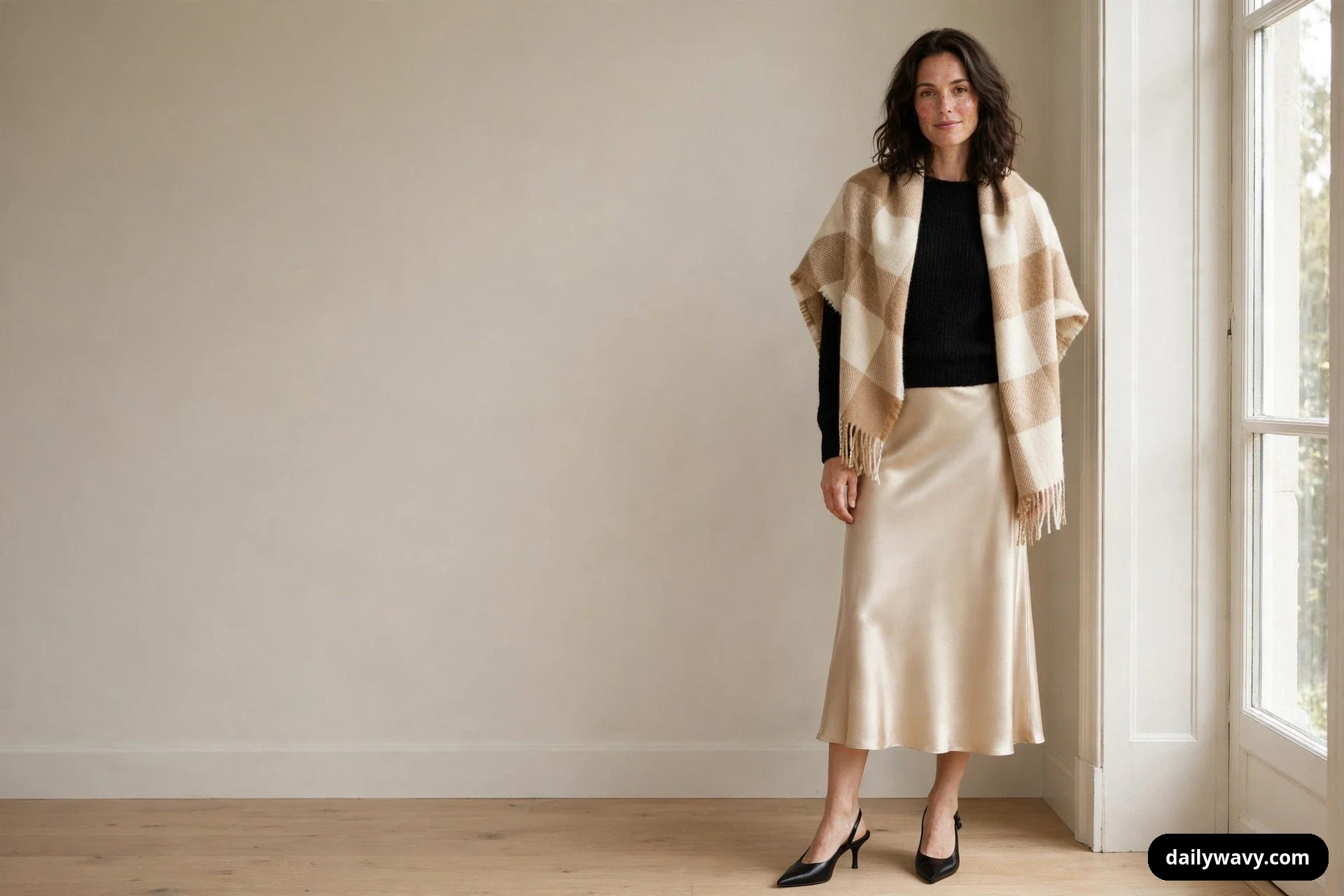 A woman stands full-length beside a tall window wearing a black knit sweater and a champagne satin midi skirt, with a cream-and-camel checked blanket scarf draped over her shoulders and black slingback heels on her feet.