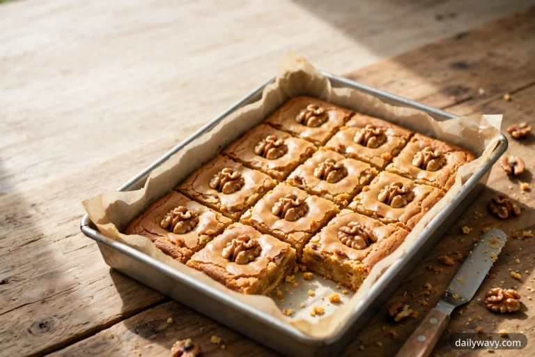 Twelve golden blondie bars in a parchment-lined baking pan, each topped with a walnut half, with one bar removed, a spatula and scattered walnuts beside the pan on a wooden table