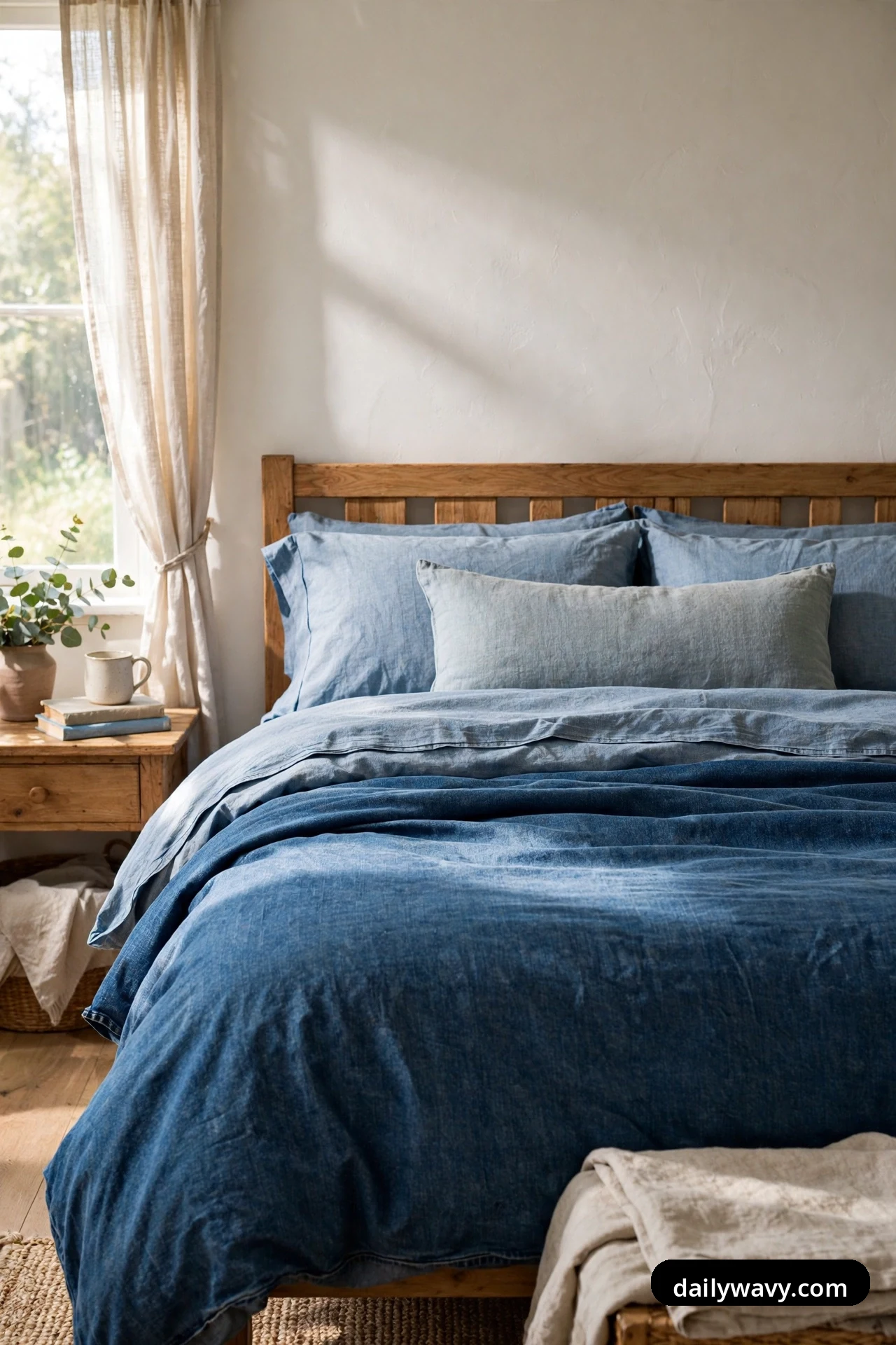 A closer view shows a bed with a deep denim-blue duvet and pale blue pillows, finished with a single long lumbar cushion laid across the front.