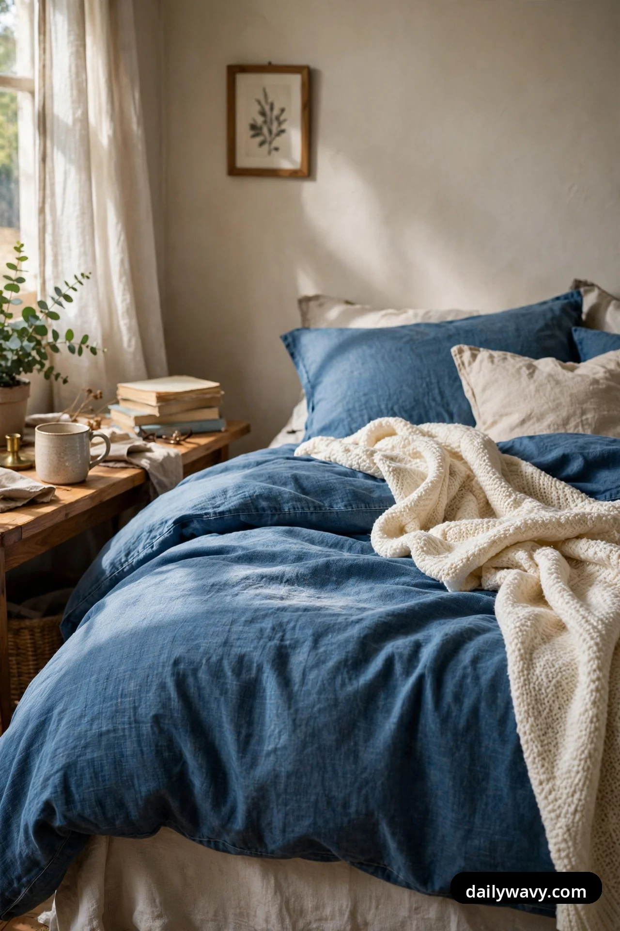 A chunky ivory knit throw lies draped loosely across a bed dressed in denim-blue linen bedding, with one end hanging over the side of the mattress.