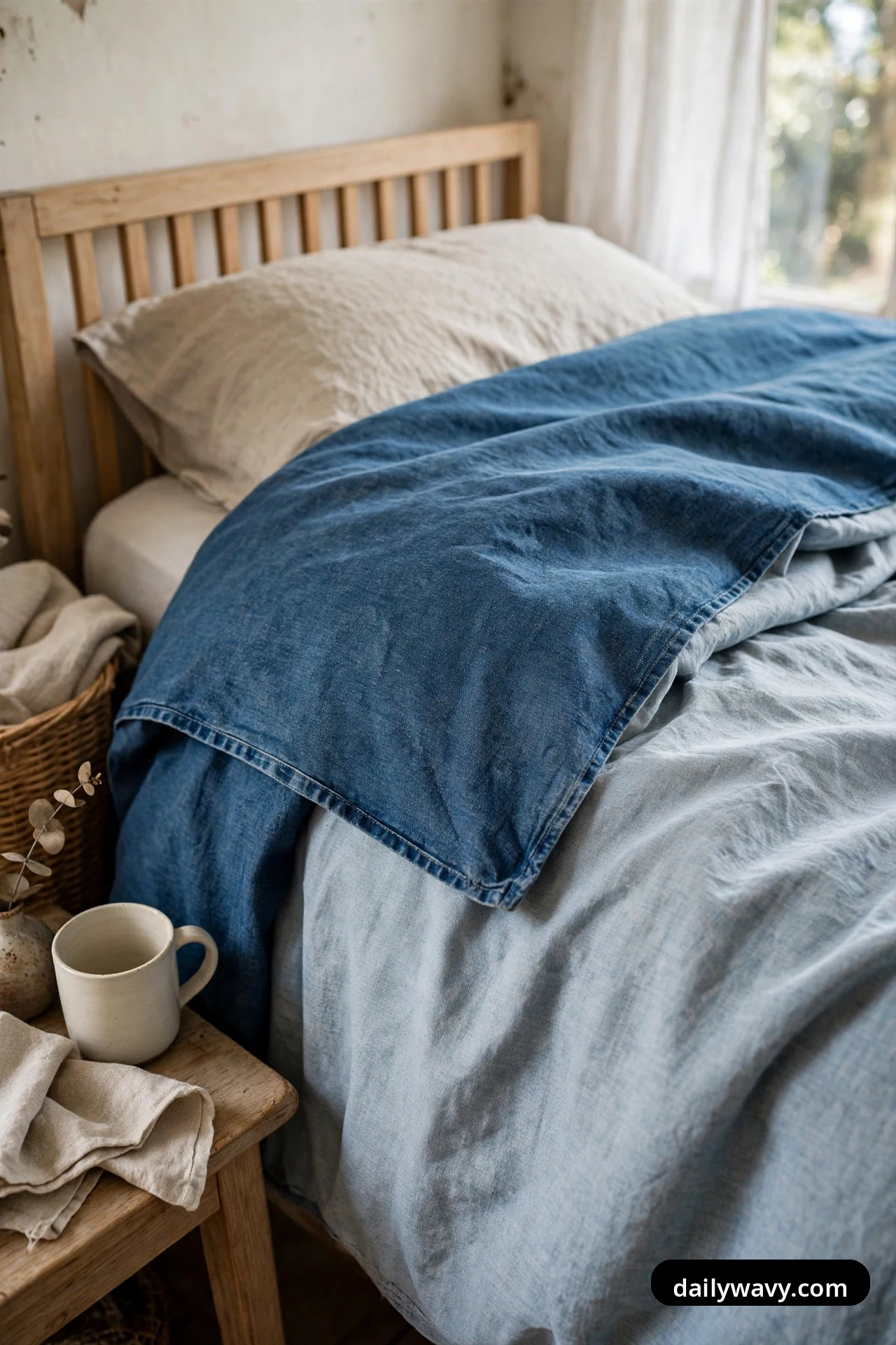 A denim-blue duvet lies folded back at the head of a bed, revealing the pale chambray sheets and cream pillows beneath it.
