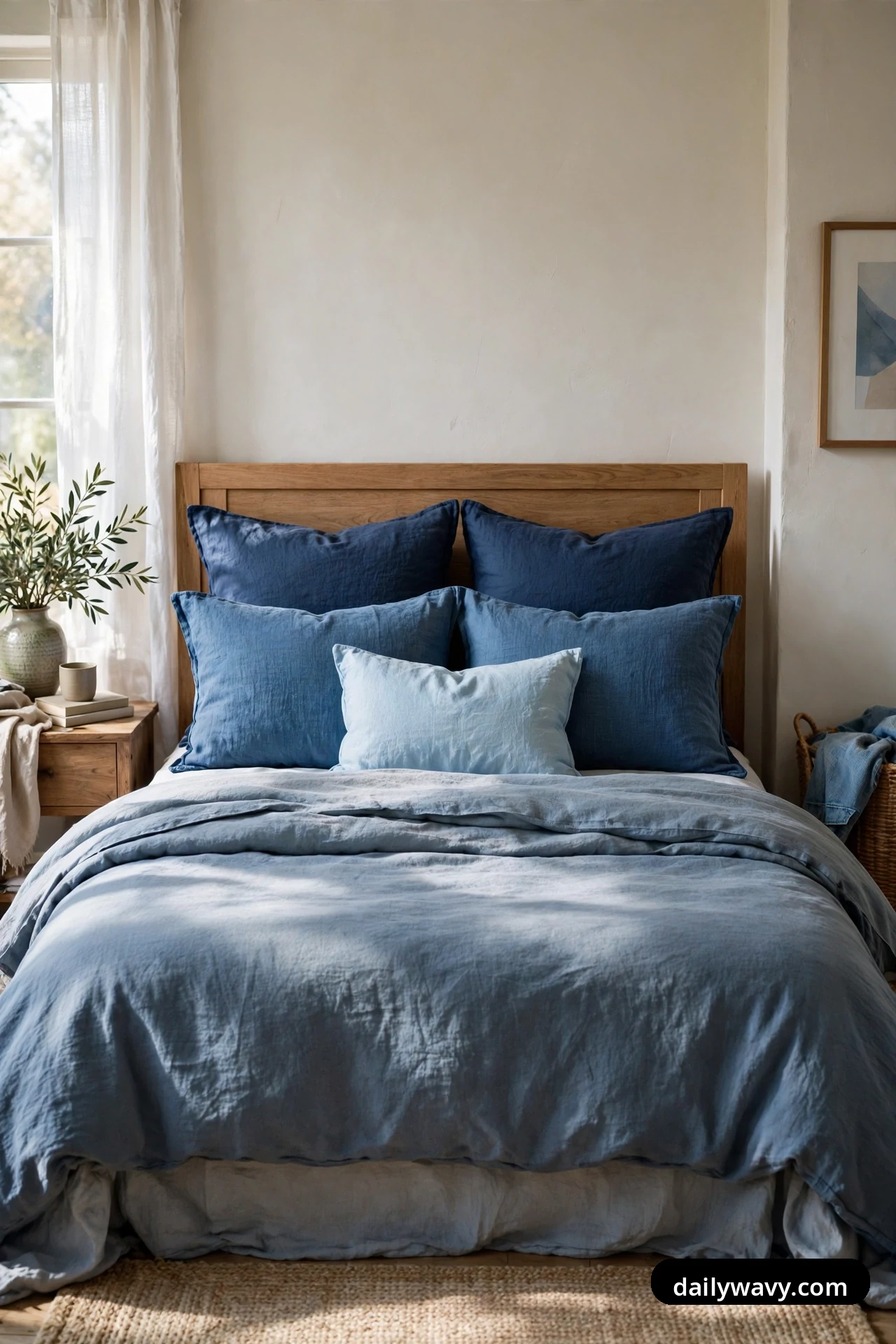 Pillows in three depths of blue, navy at the back, mid blue in the middle and pale sky blue in front, are stacked against a wooden headboard above a pale blue duvet.