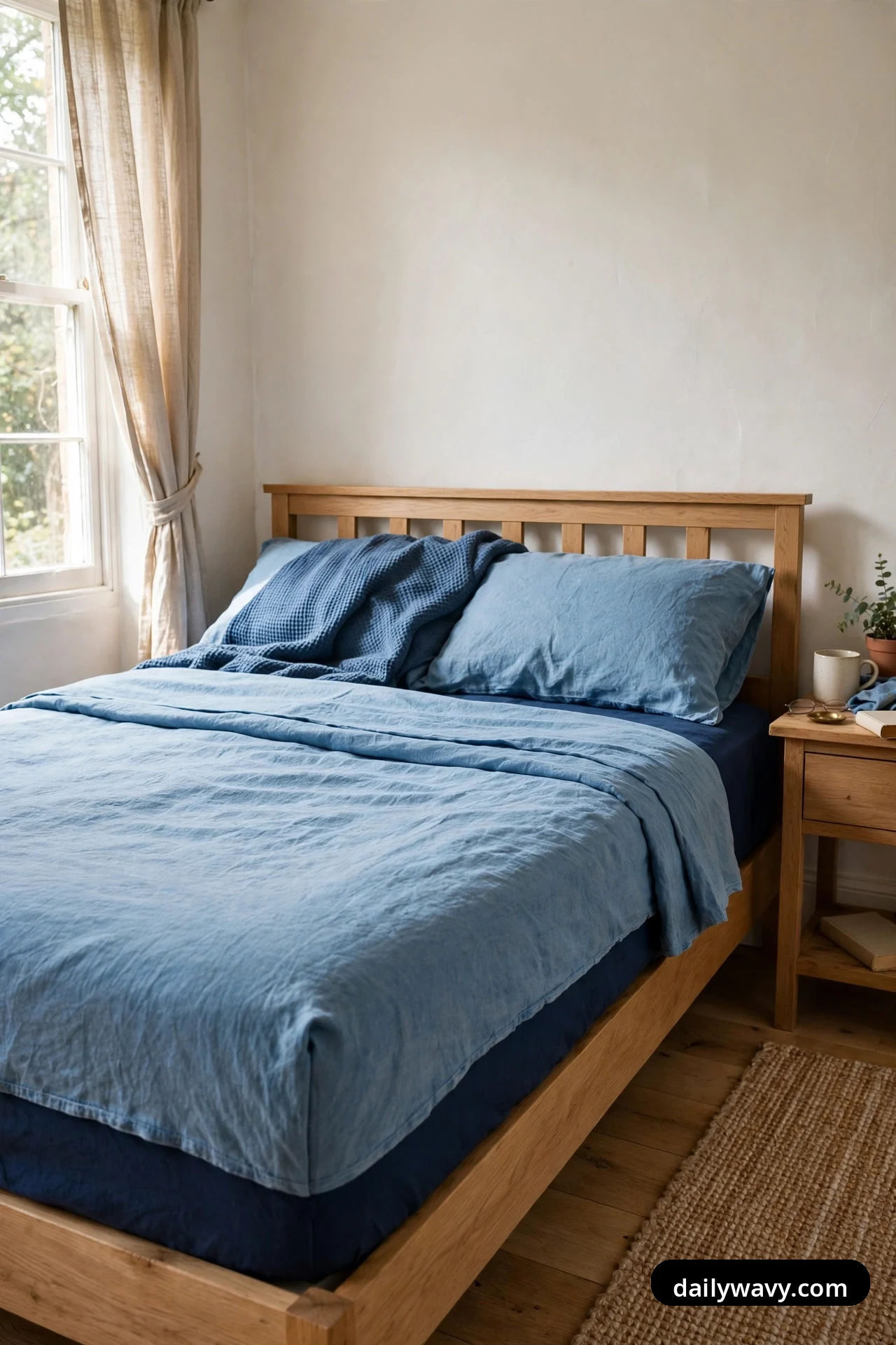 A navy fitted sheet shows as a dark band along the mattress edge beneath a pale blue duvet on a wooden frame bed.