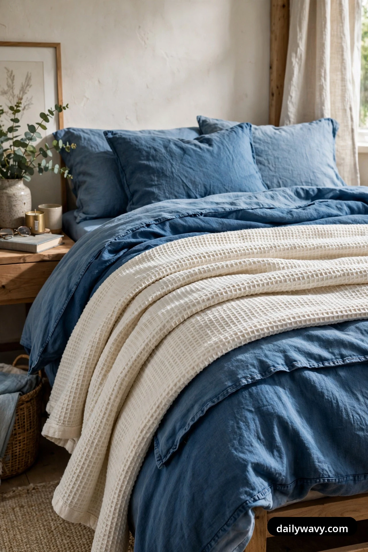 An ivory waffle-weave blanket lies folded in a wide band across the foot of a bed dressed in denim-blue bedding.