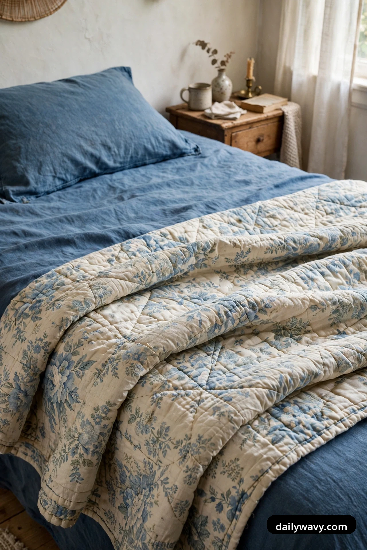 A cream vintage-style quilt printed with blue florals lies folded across the lower half of a bed dressed in plain blue linen bedding.