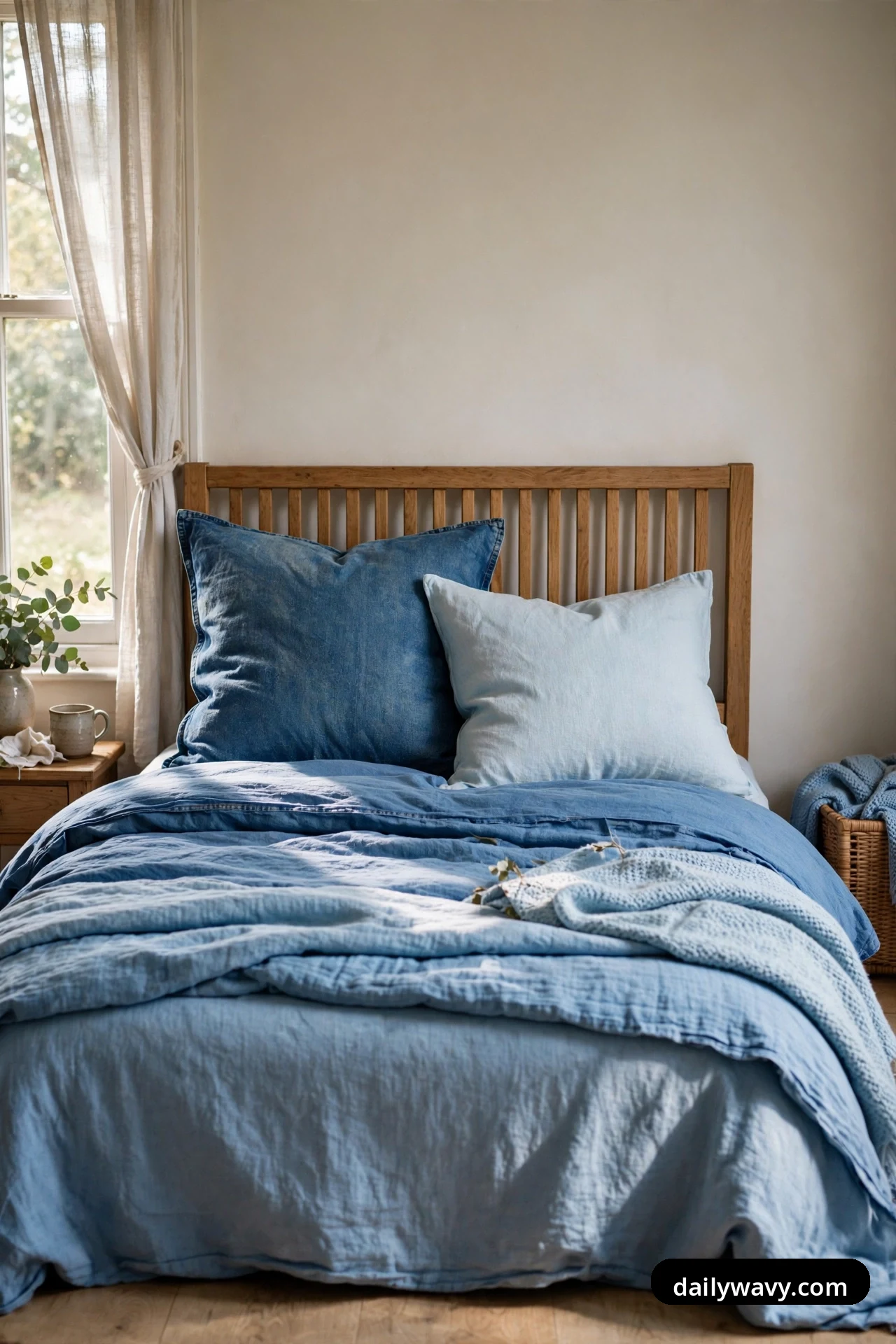 Two cushions of different sizes, a large washed denim-blue square cushion and a smaller pale sky-blue one, lean together against a slatted wooden headboard.