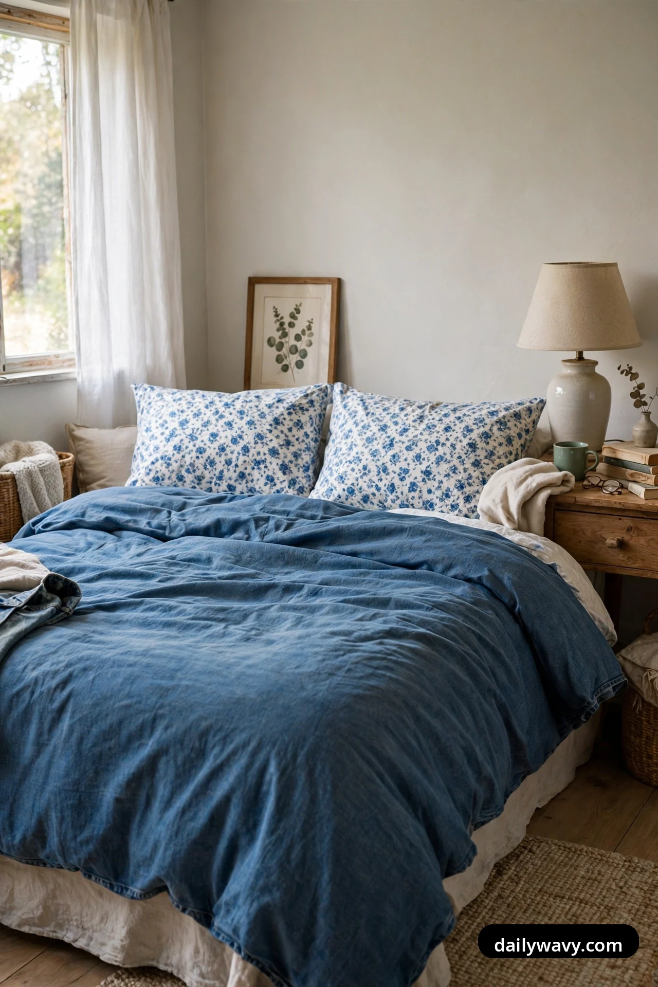 Two pillow shams in a small-scale blue floral print on white stand upright at the head of a bed above a plain denim-blue duvet.