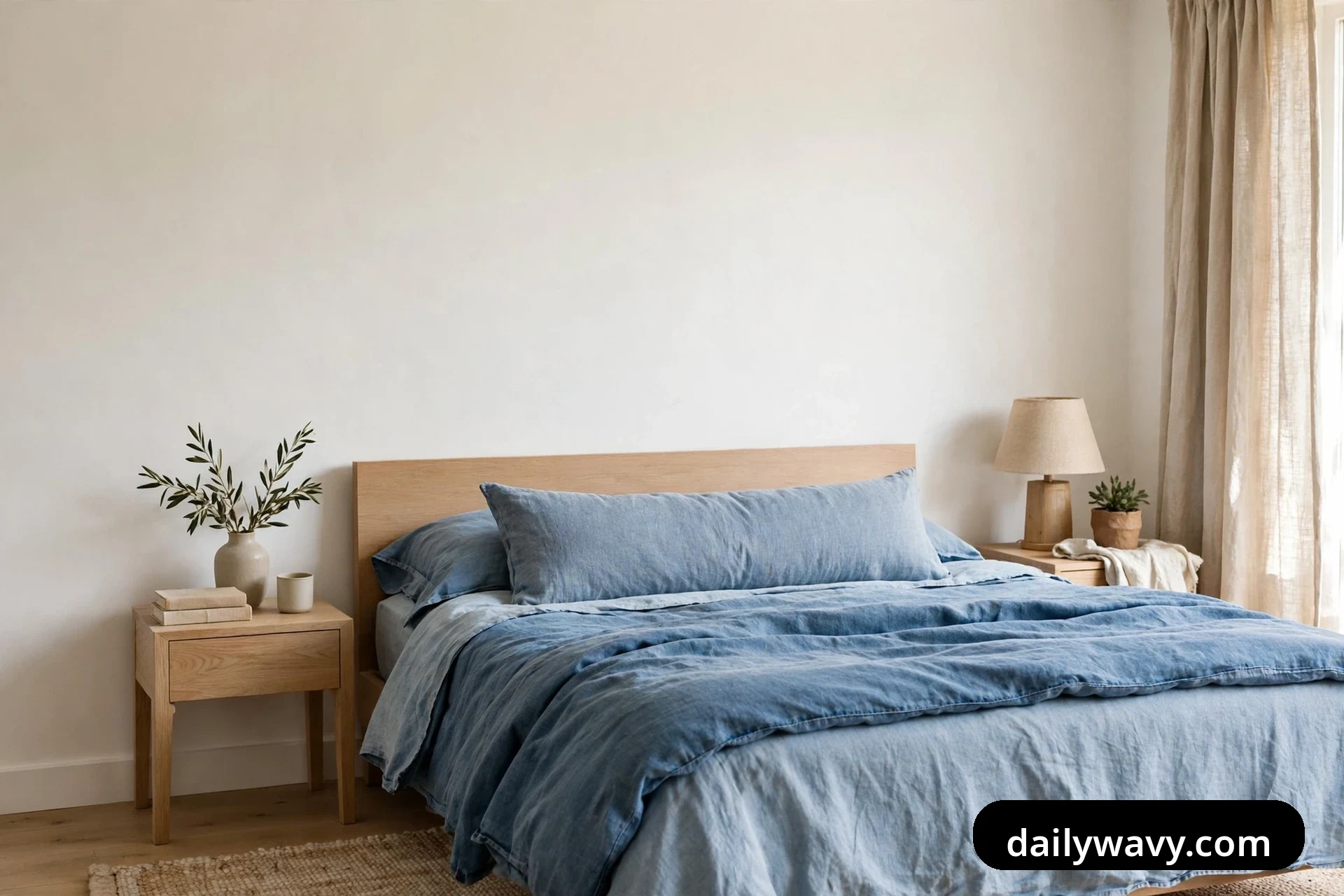 A wide view of a bedroom shows a bed dressed in layered chambray and denim blue linen bedding, with one long lumbar cushion in a paler blue resting across the front of the pillows.