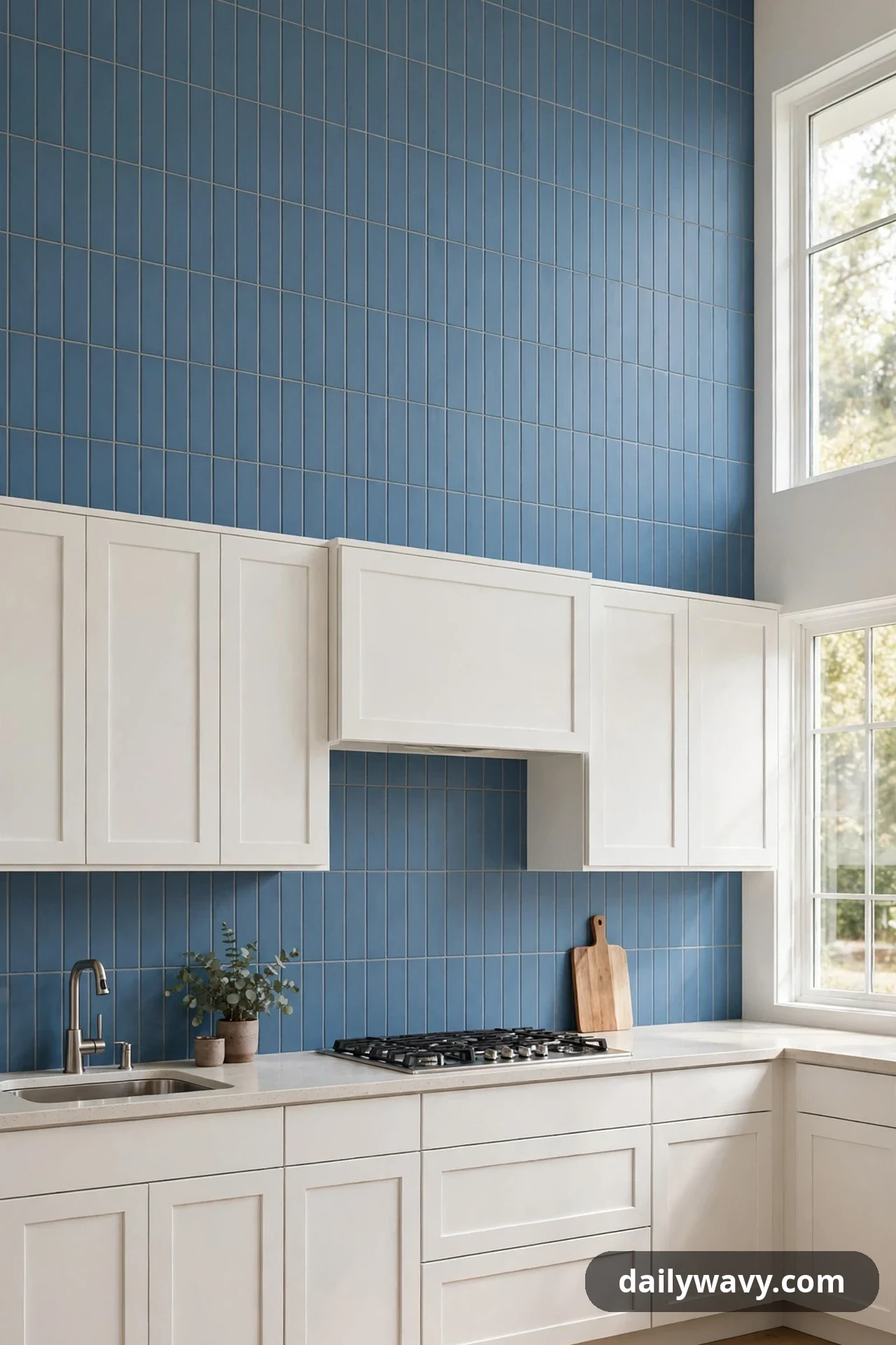 Slim medium blue tiles stacked in vertical columns cover a tall kitchen wall and continue as the backsplash below white cabinets.