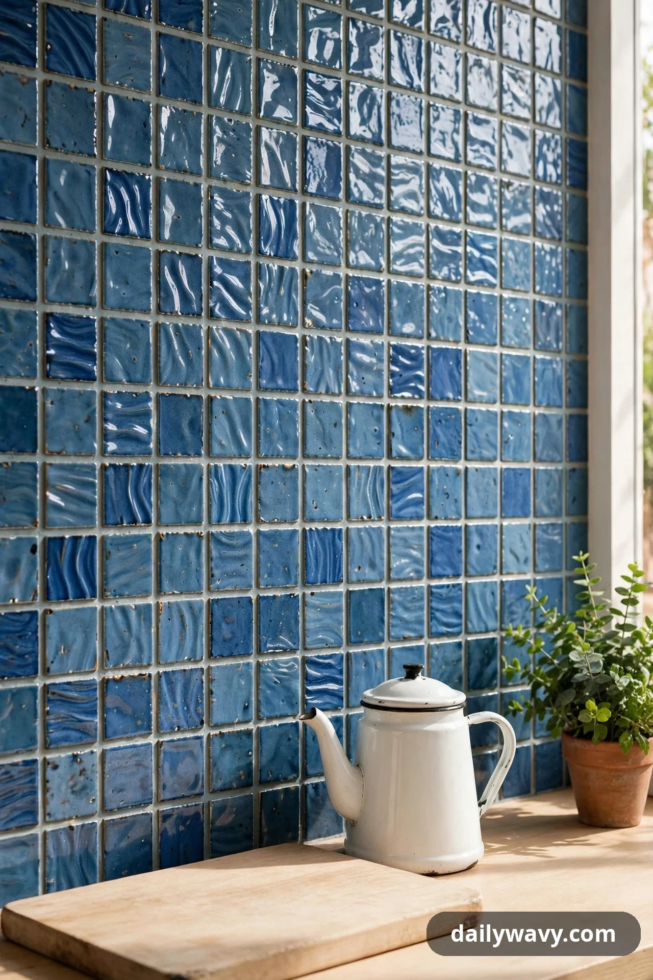 A close-up shows rippled denim-blue handmade-look square tiles behind a wooden counter holding a white enamel kettle, a wooden cutting board, and a small potted herb.
