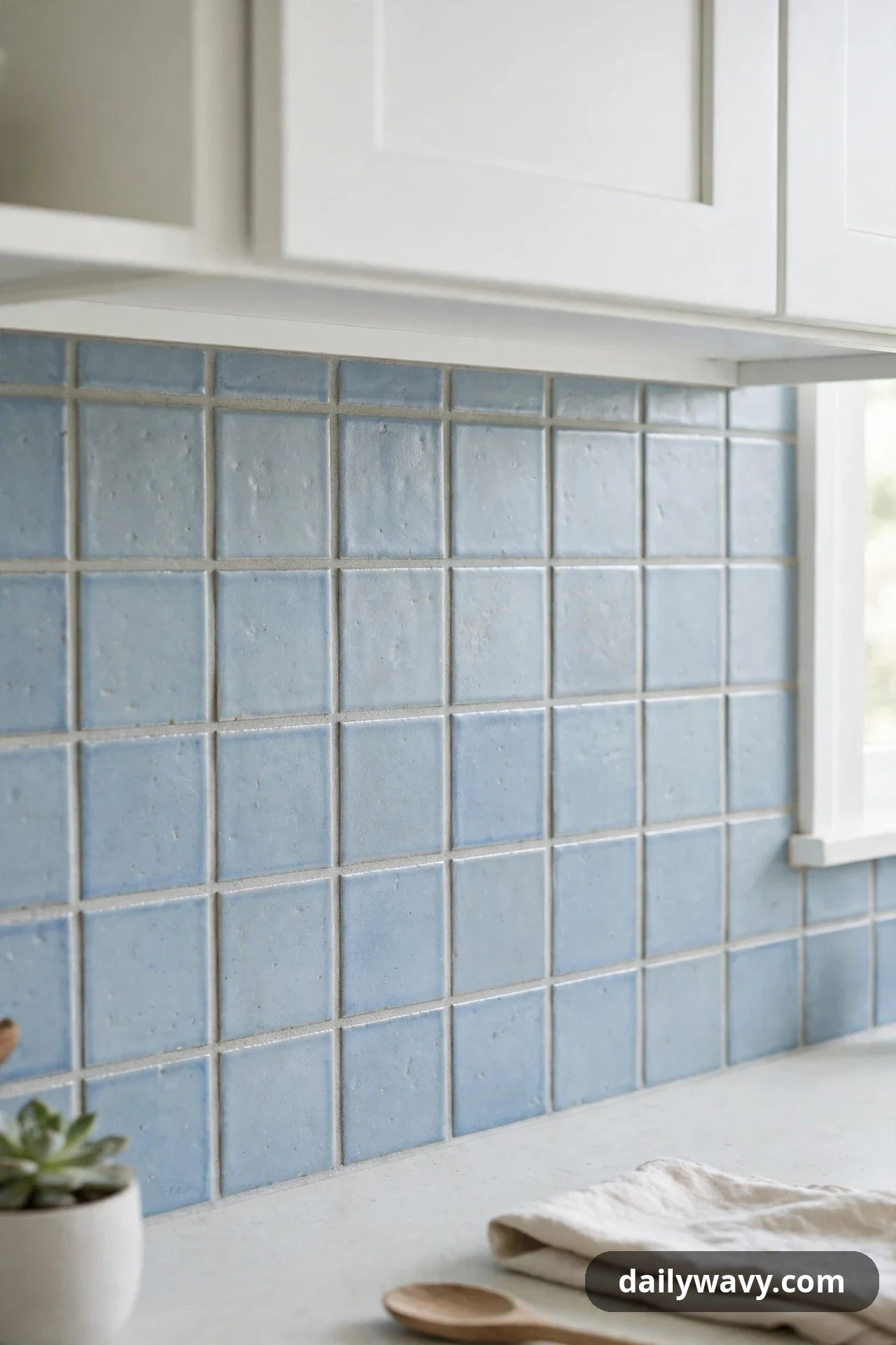 Pale powder-blue square tiles with light grout run between white cabinets and a pale countertop in a compact kitchen corner.